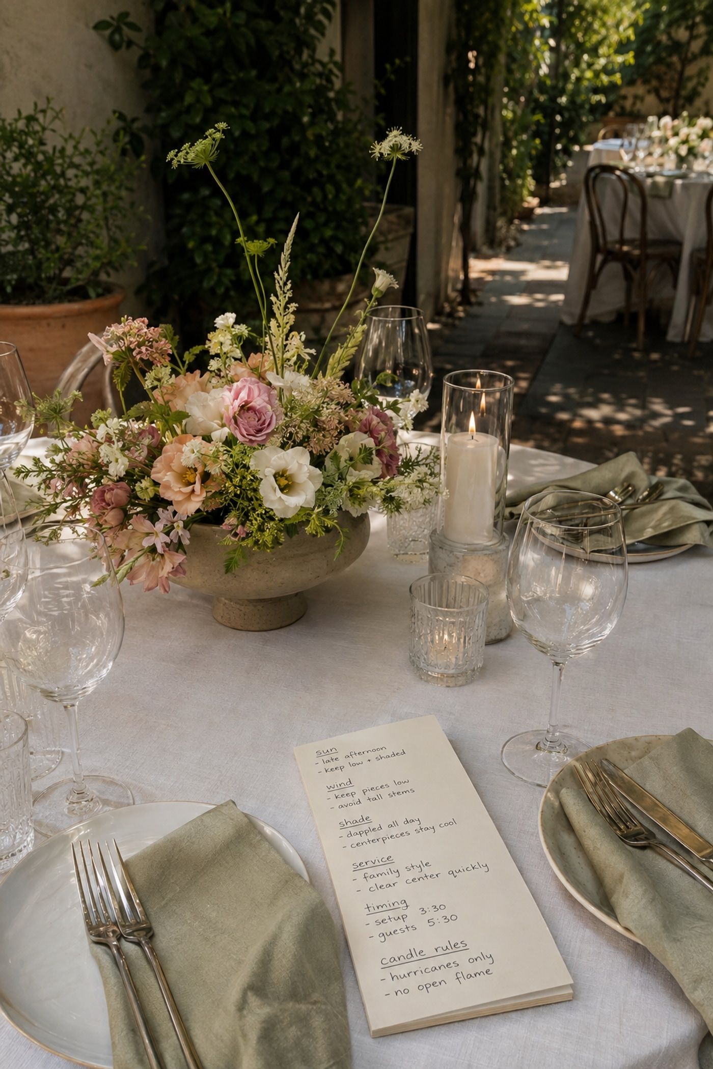 Summer dinner table set for real reception conditions