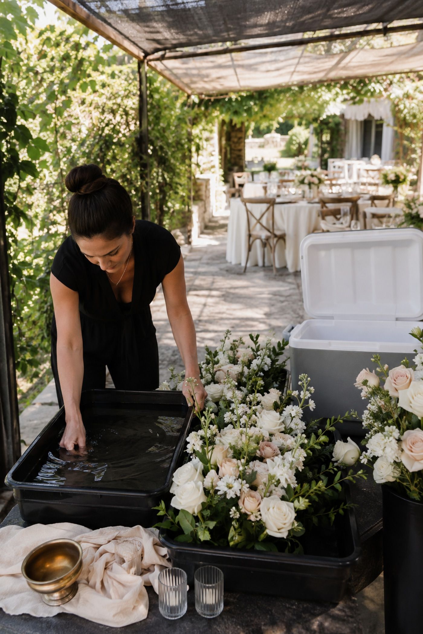Centerpieces set up close to dinner to stay fresh