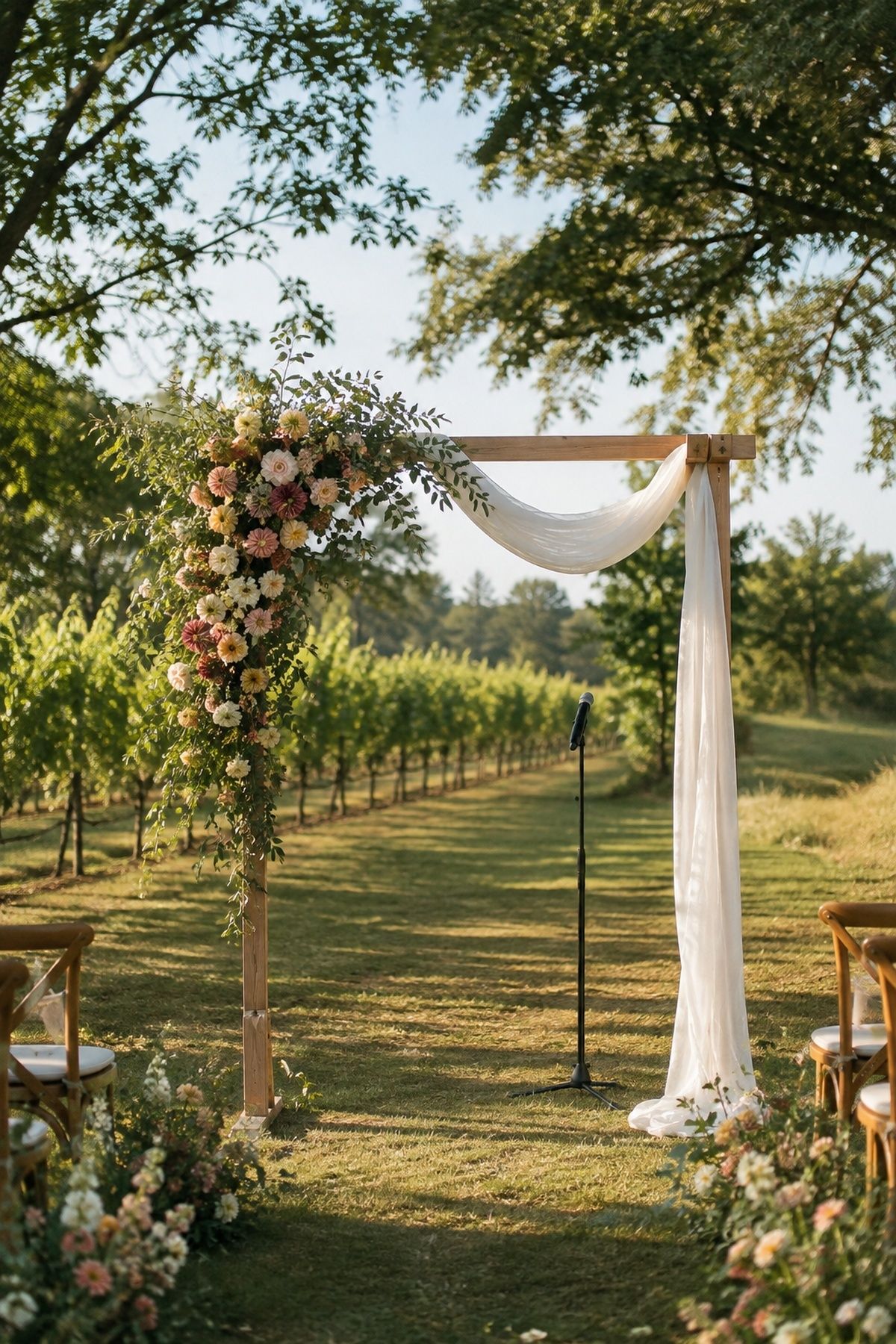 Simple ceremony arch in an open outdoor setting