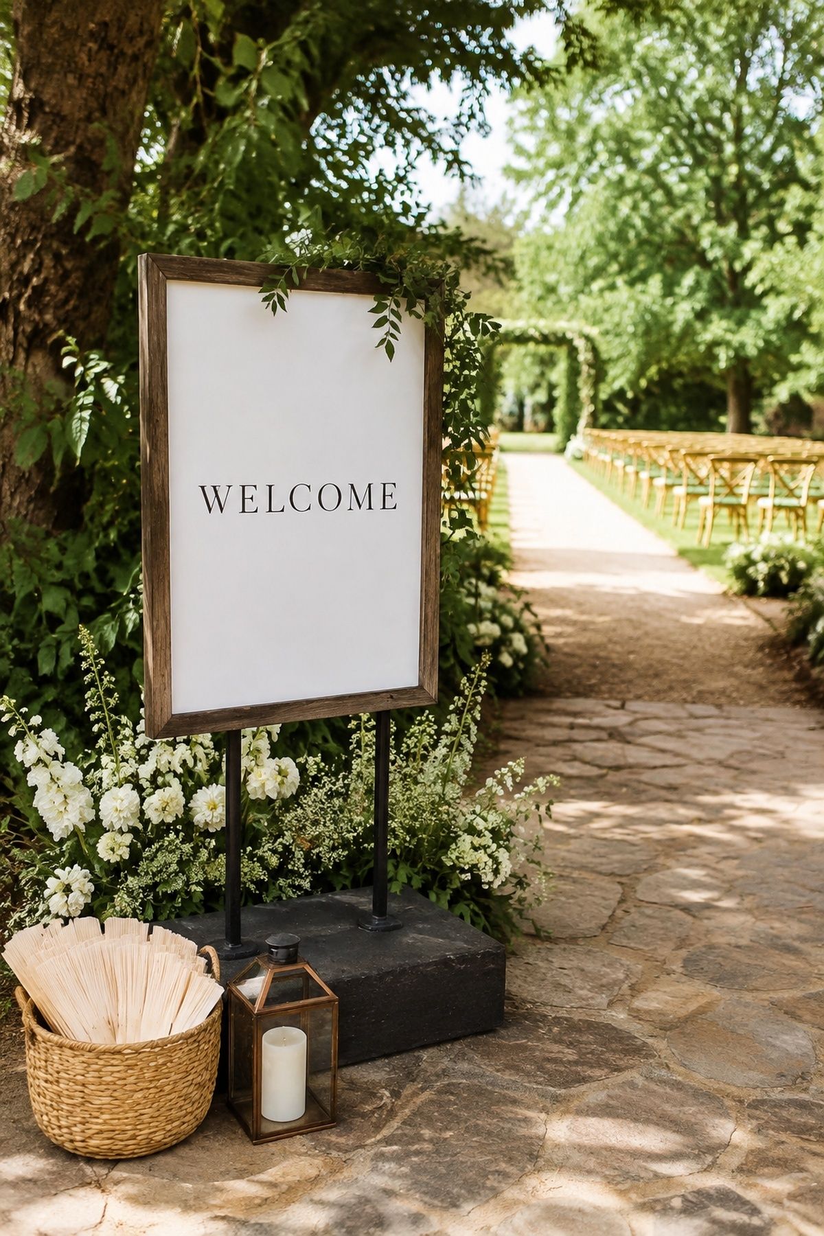 Weighted welcome sign standing upright outdoors
