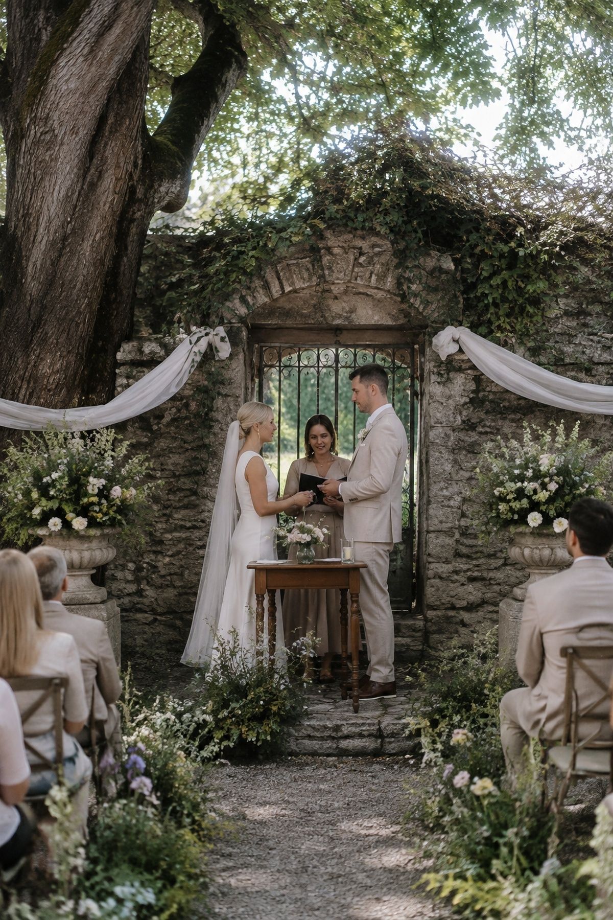 Ceremony backdrop built from the venue's natural setting