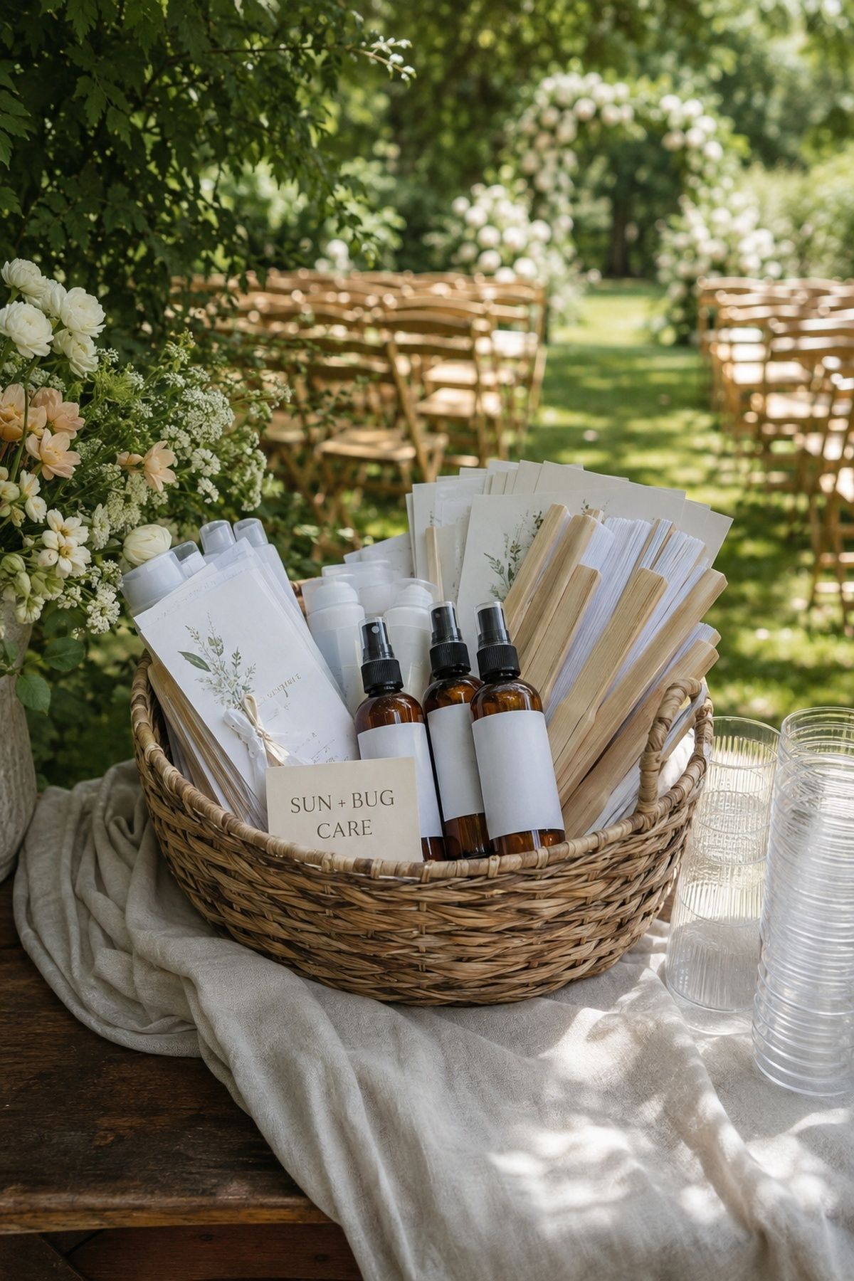 Guest baskets with bug spray and sunscreen