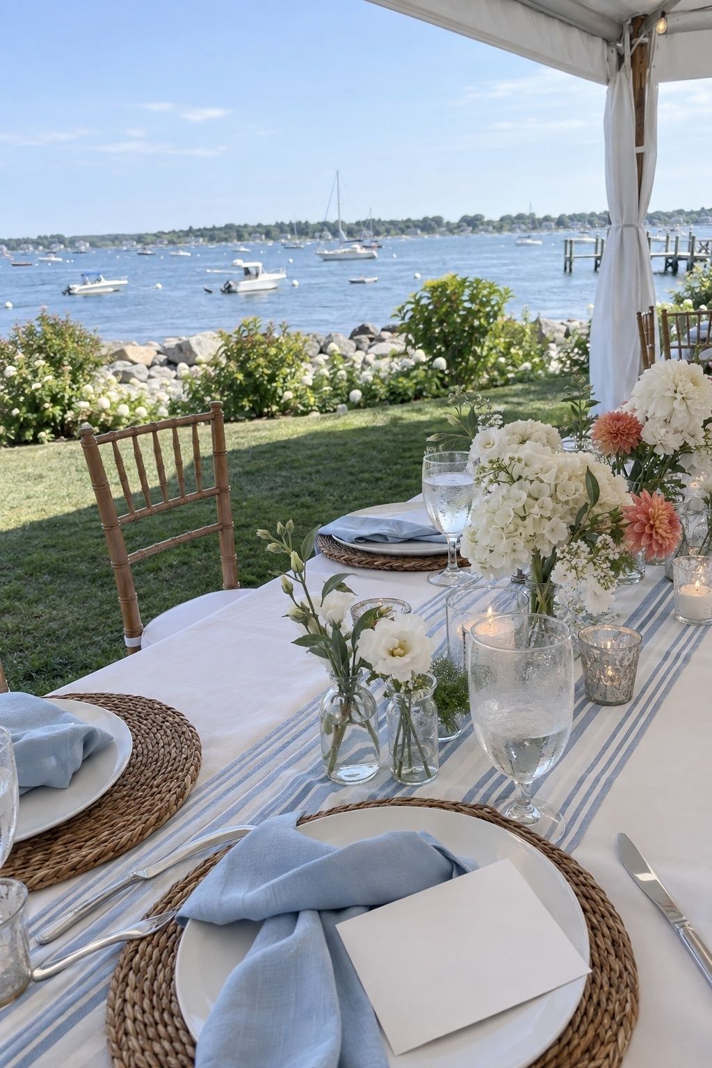 Sky blue, white and soft coral coastal palette