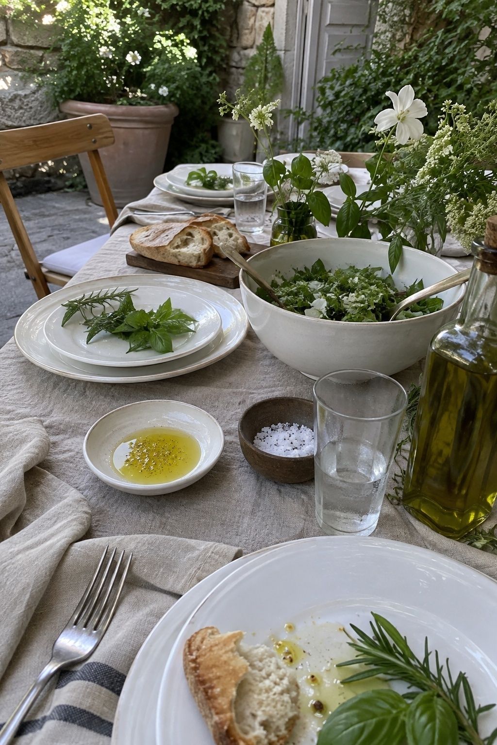 White, natural linen and fresh herb palette