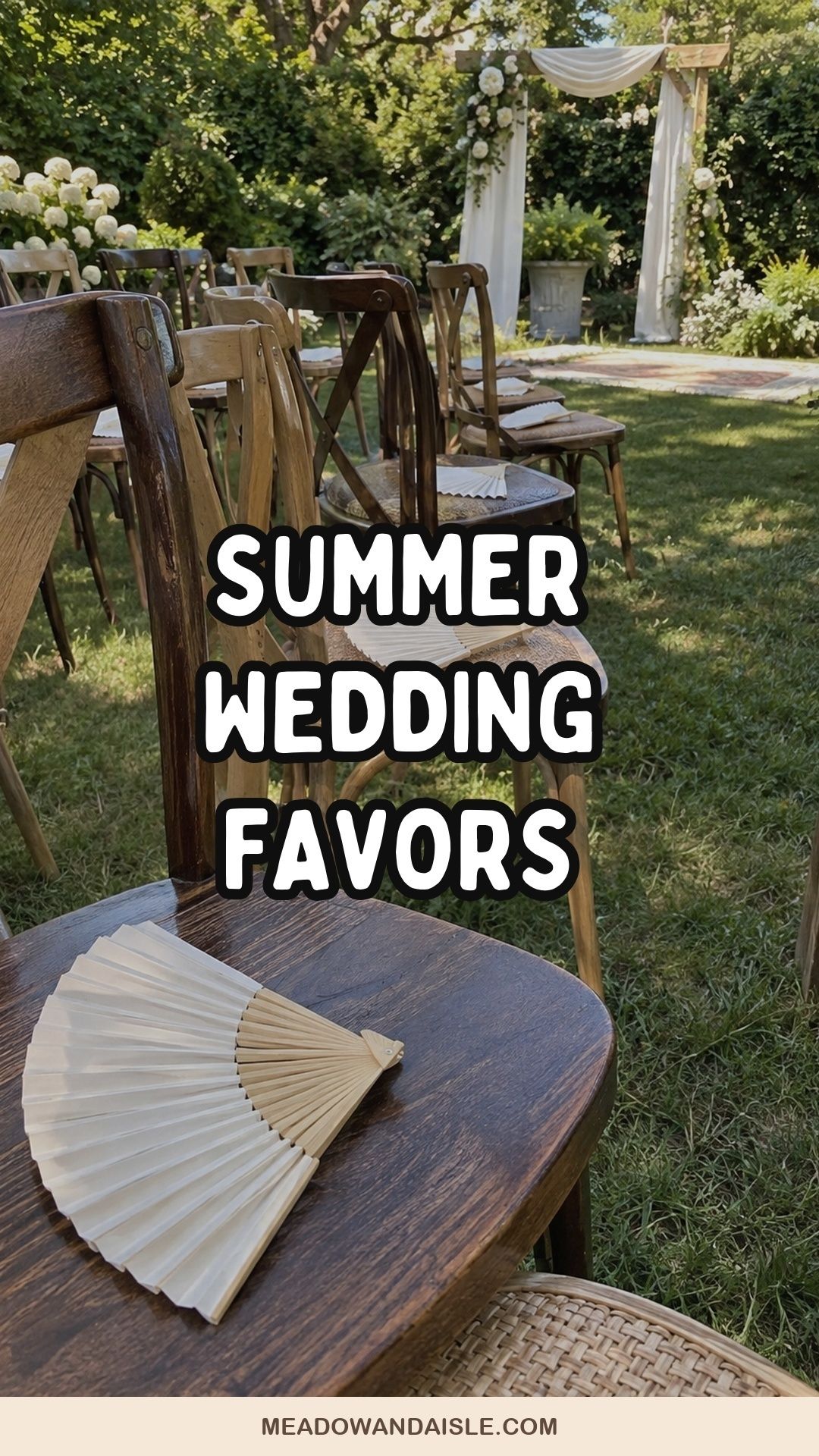 Summer wedding favors with folding fans at an intimate garden ceremony.