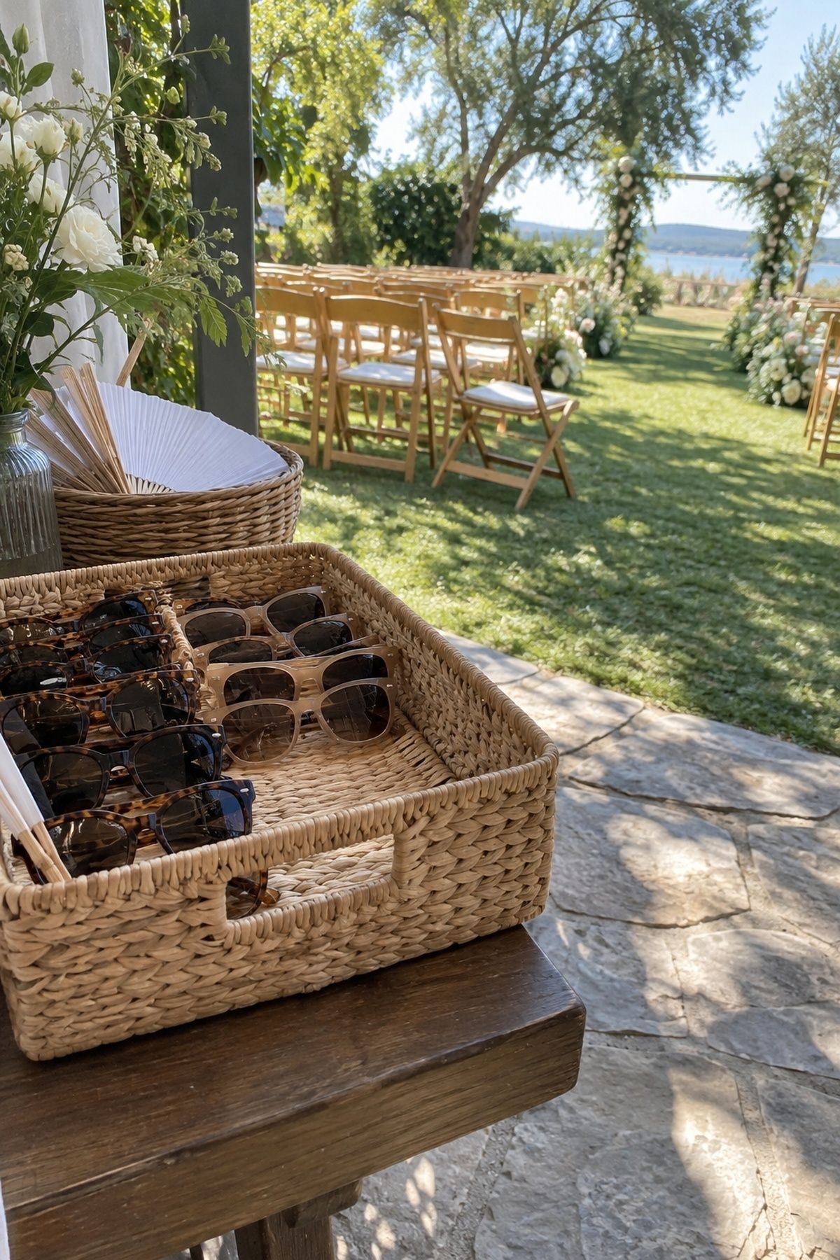 Neutral sunglasses offered in a basket beside a sunny outdoor wedding ceremony.