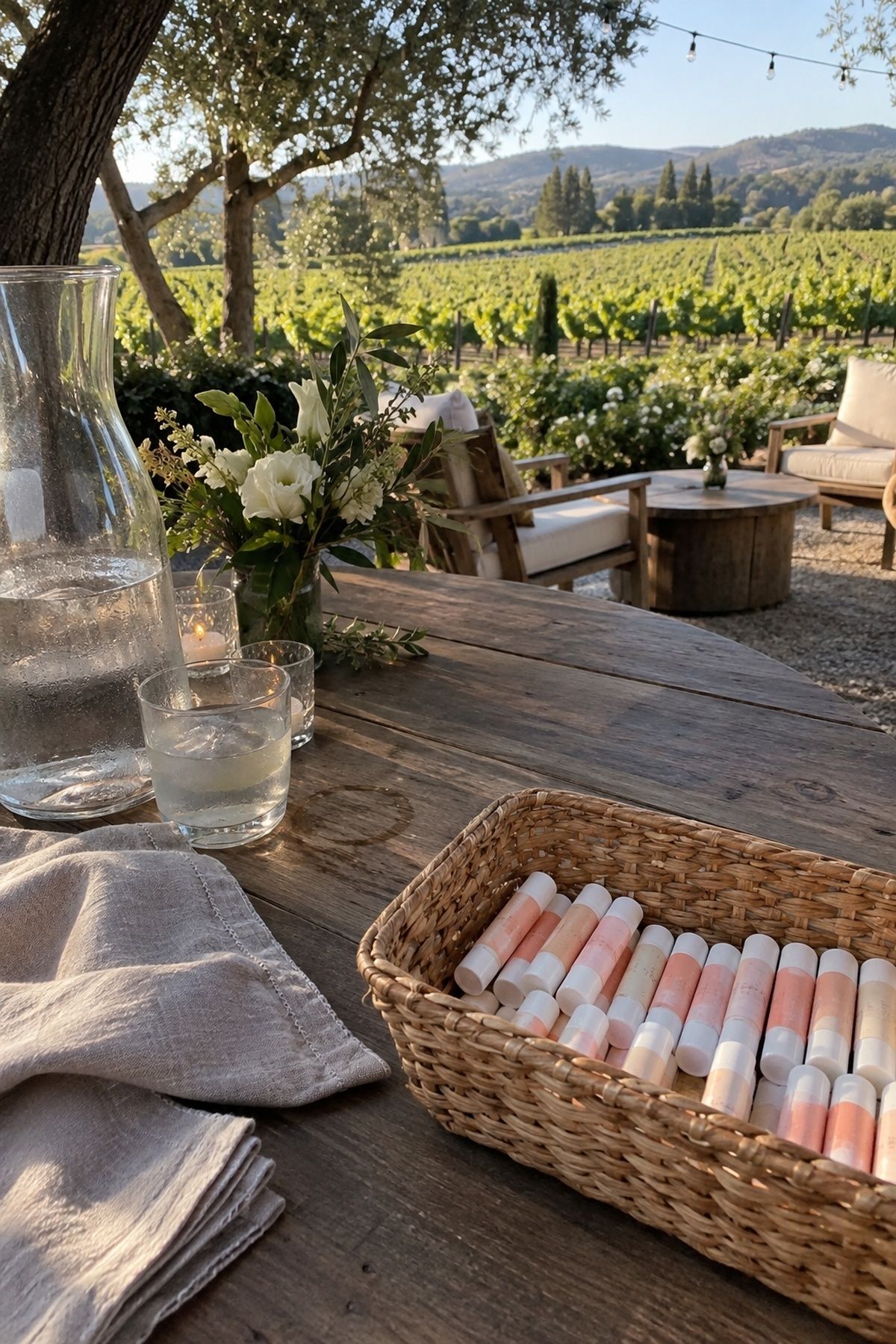 SPF lip balm tubes in a cane basket at a shaded vineyard wedding lounge.