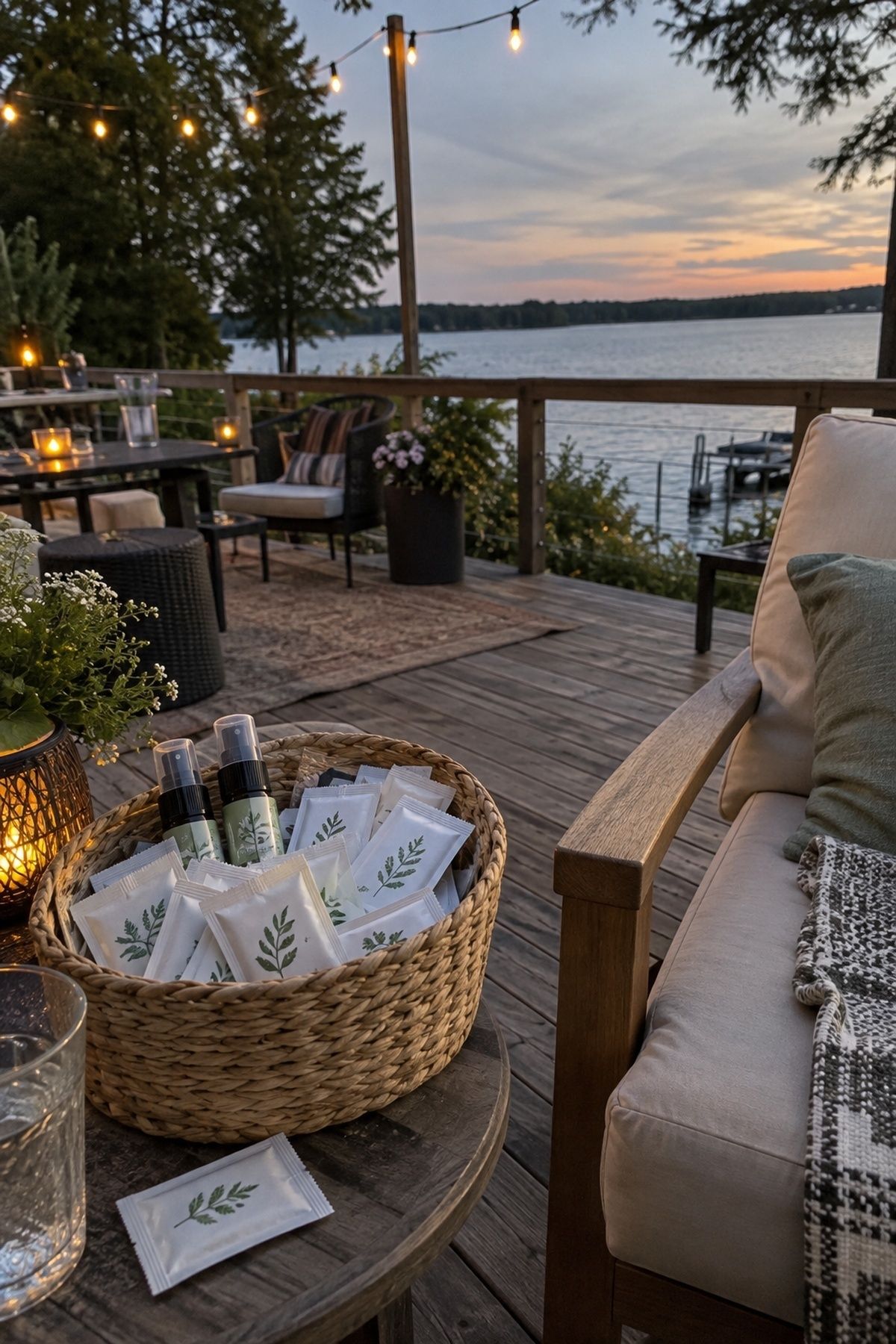 Bug wipes and small sprays in a basket beside a lakeside wedding lounge at dusk.