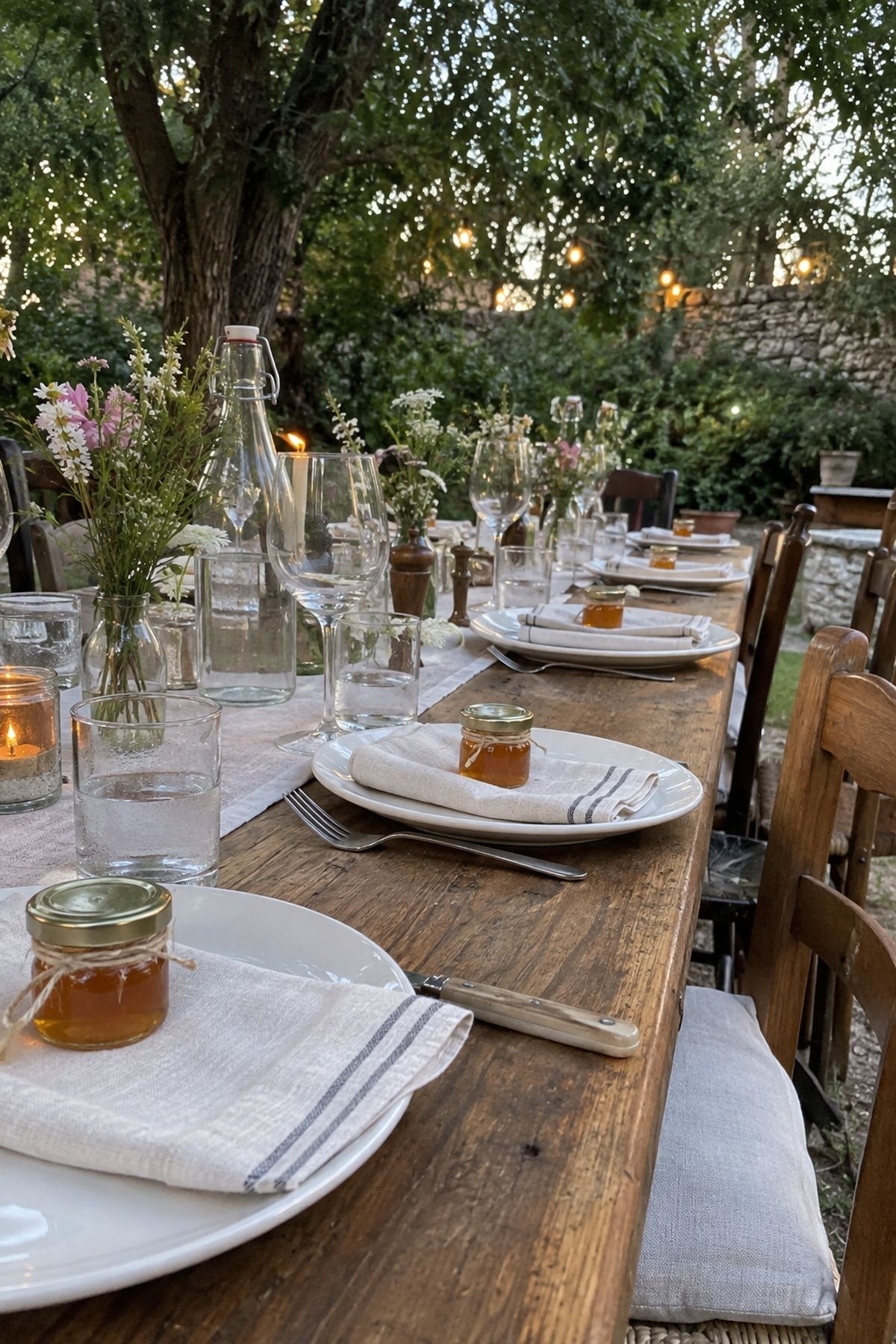Mini local honey jars used as favors at garden wedding place settings.