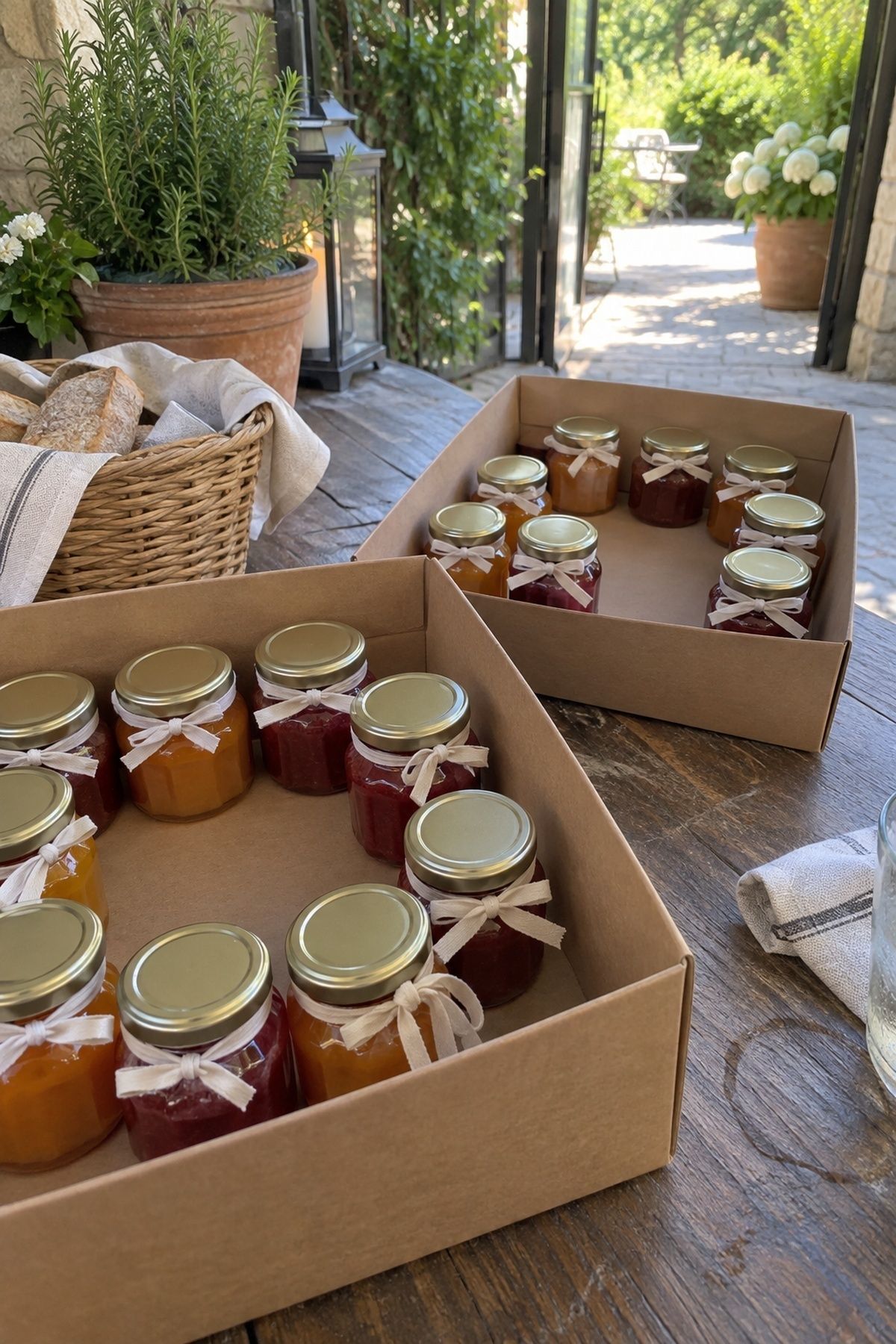 Small sealed jam jars tied with ribbon in carry boxes for wedding guests.