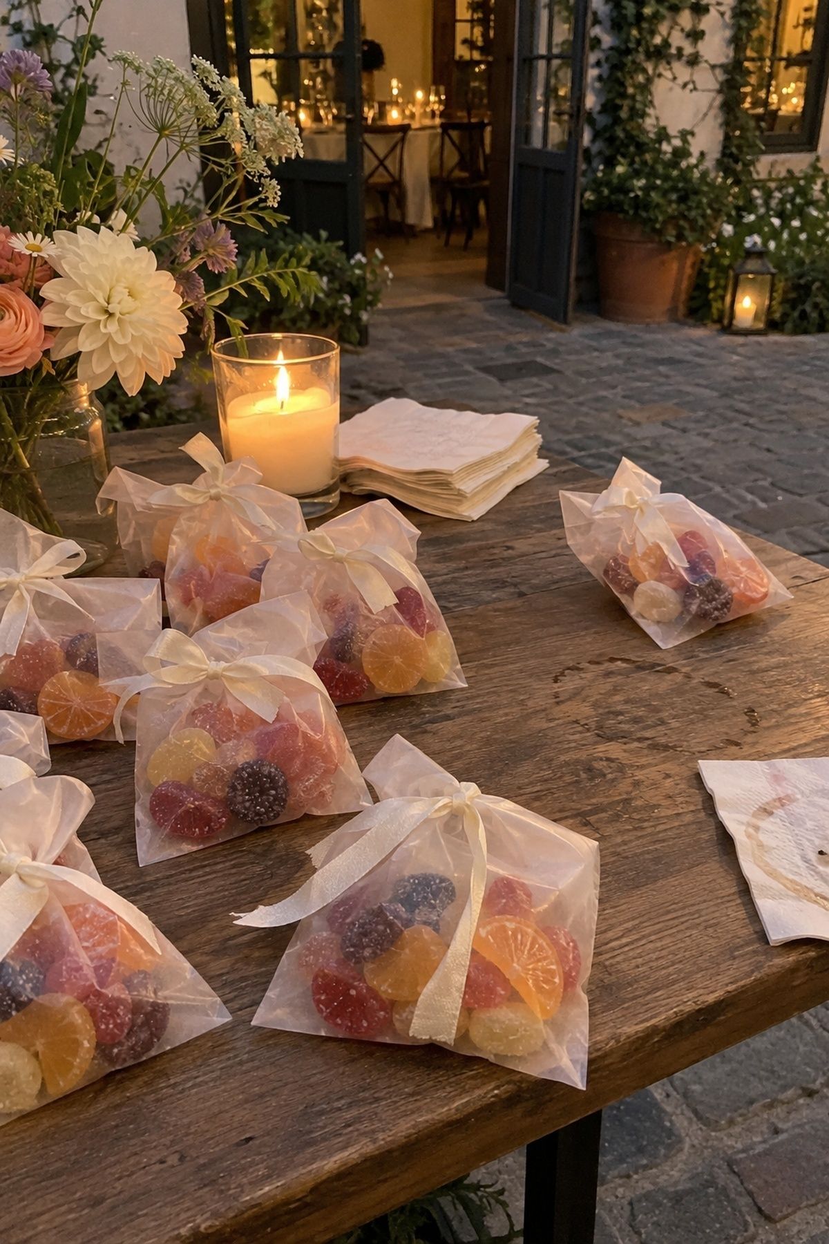 Glassine favor bags filled with citrus and berry candy at a summer wedding.