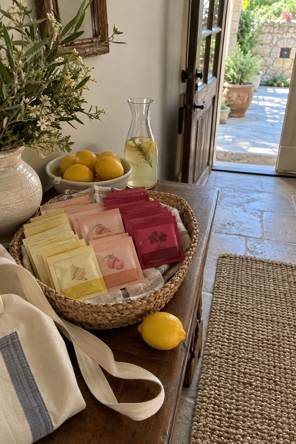Colorful drink mix packets arranged in a destination wedding welcome basket.