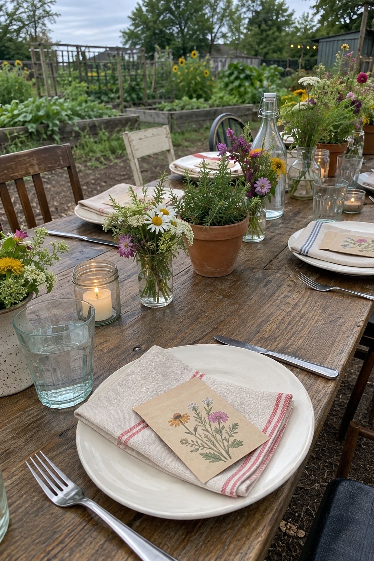 Botanical seed packets placed on plates at a community garden wedding dinner.