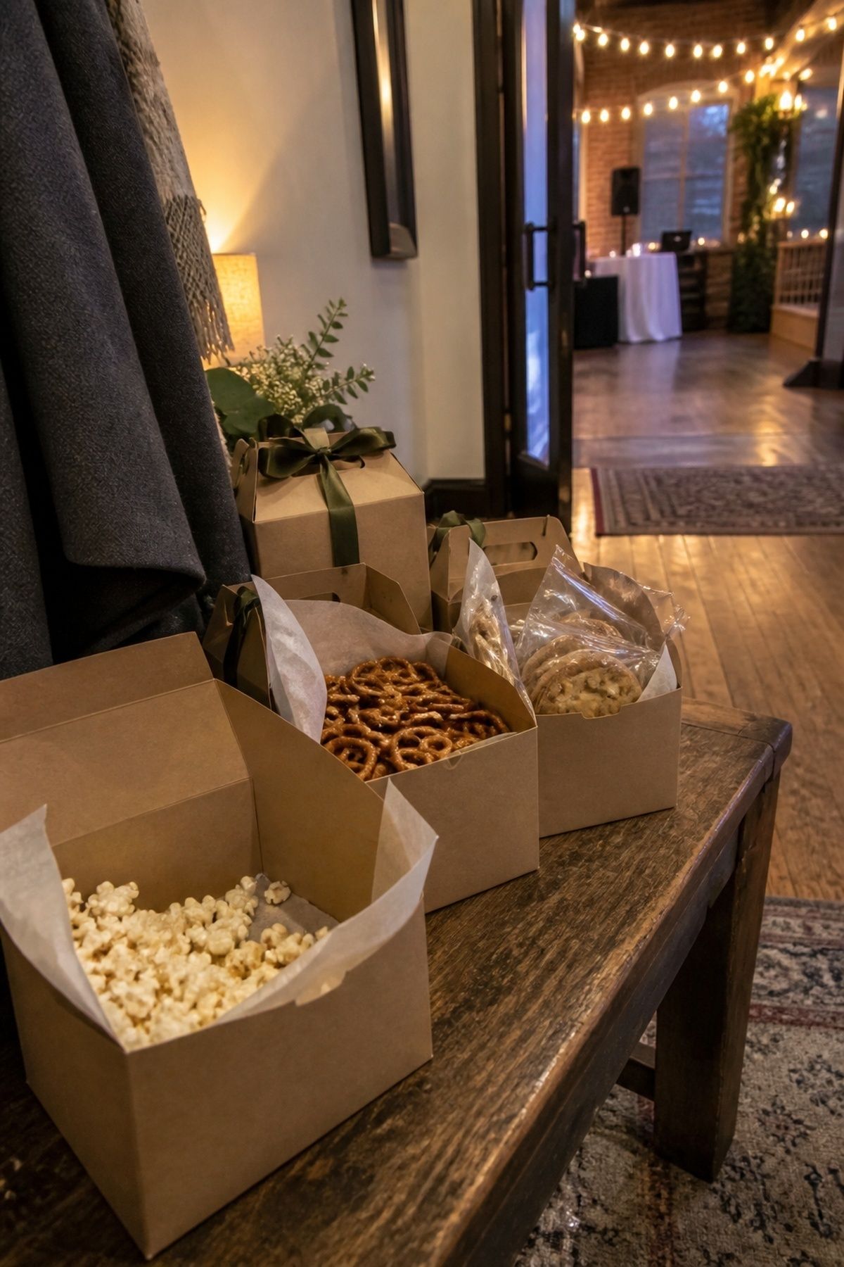 Kraft snack boxes filled with popcorn, pretzels, and cookies near a wedding reception exit.