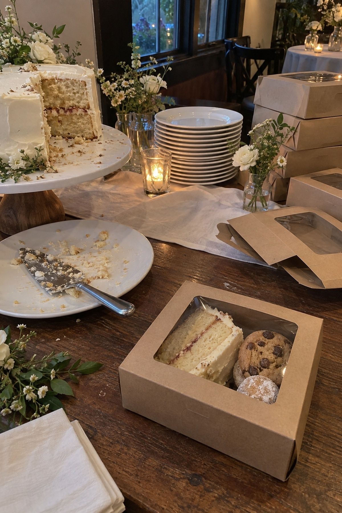 Clear-window dessert box with cake and cookies beside a partly served wedding cake.