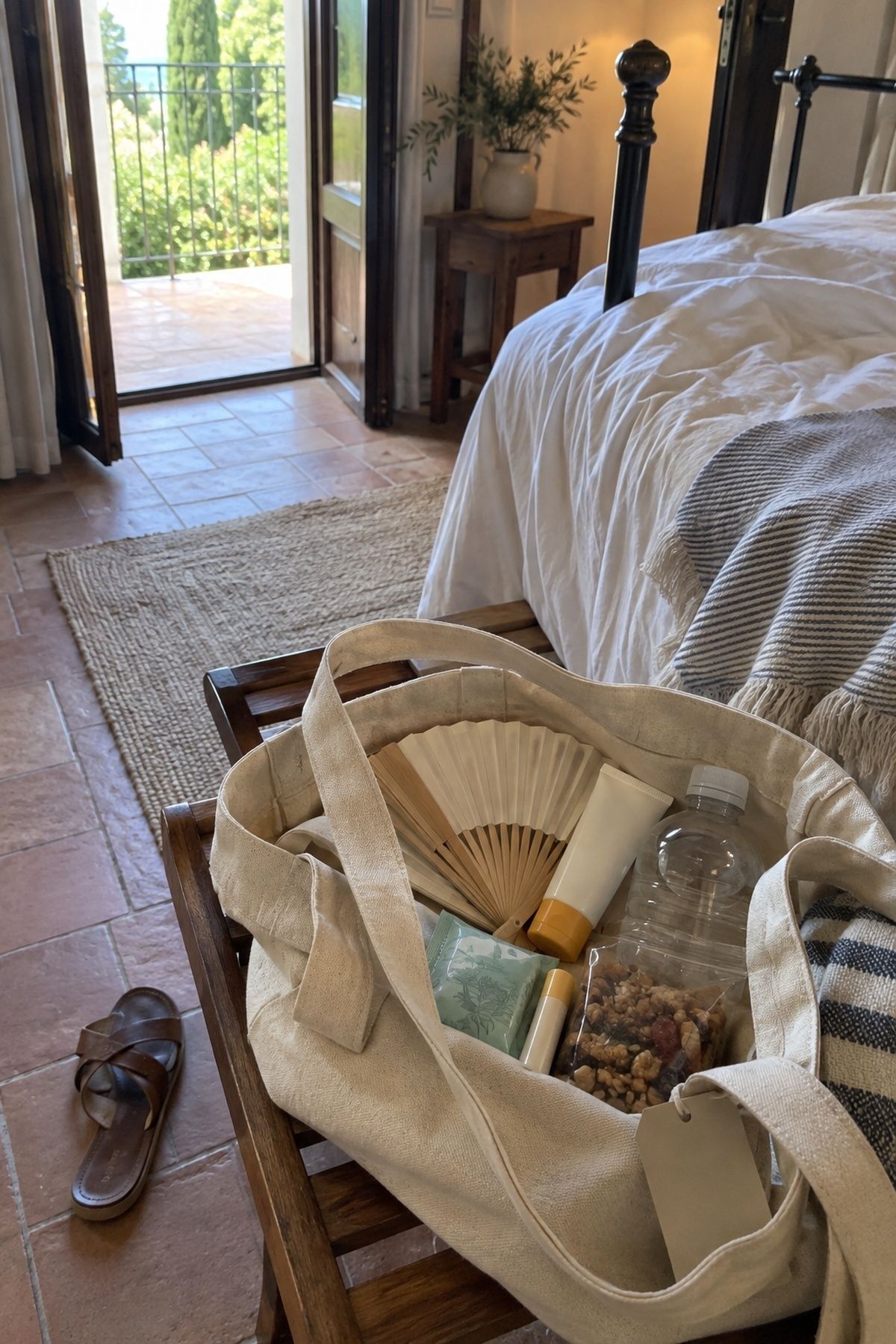 Canvas wedding welcome bag with a fan, sunscreen, water, lip balm, bug wipe, and snack.