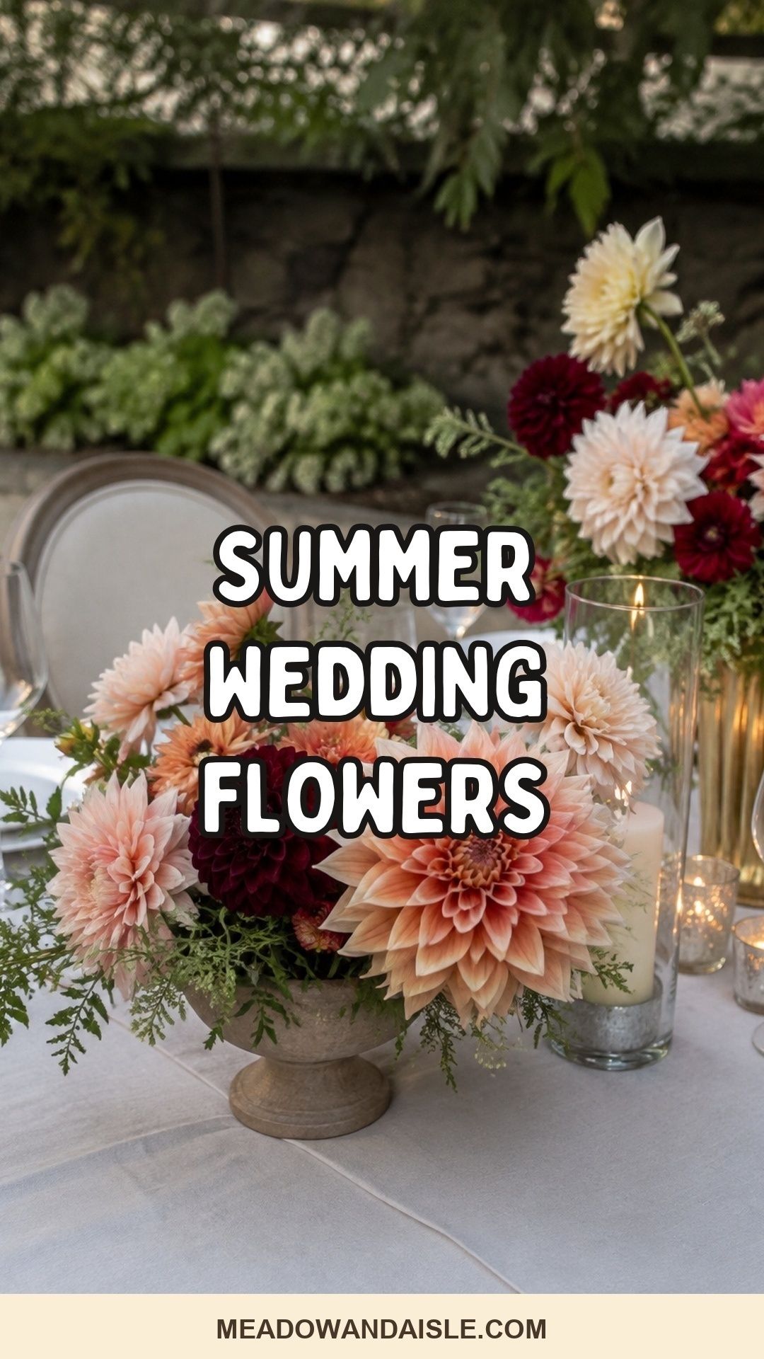 Summer wedding flowers Pinterest pin with dahlias and reception flowers