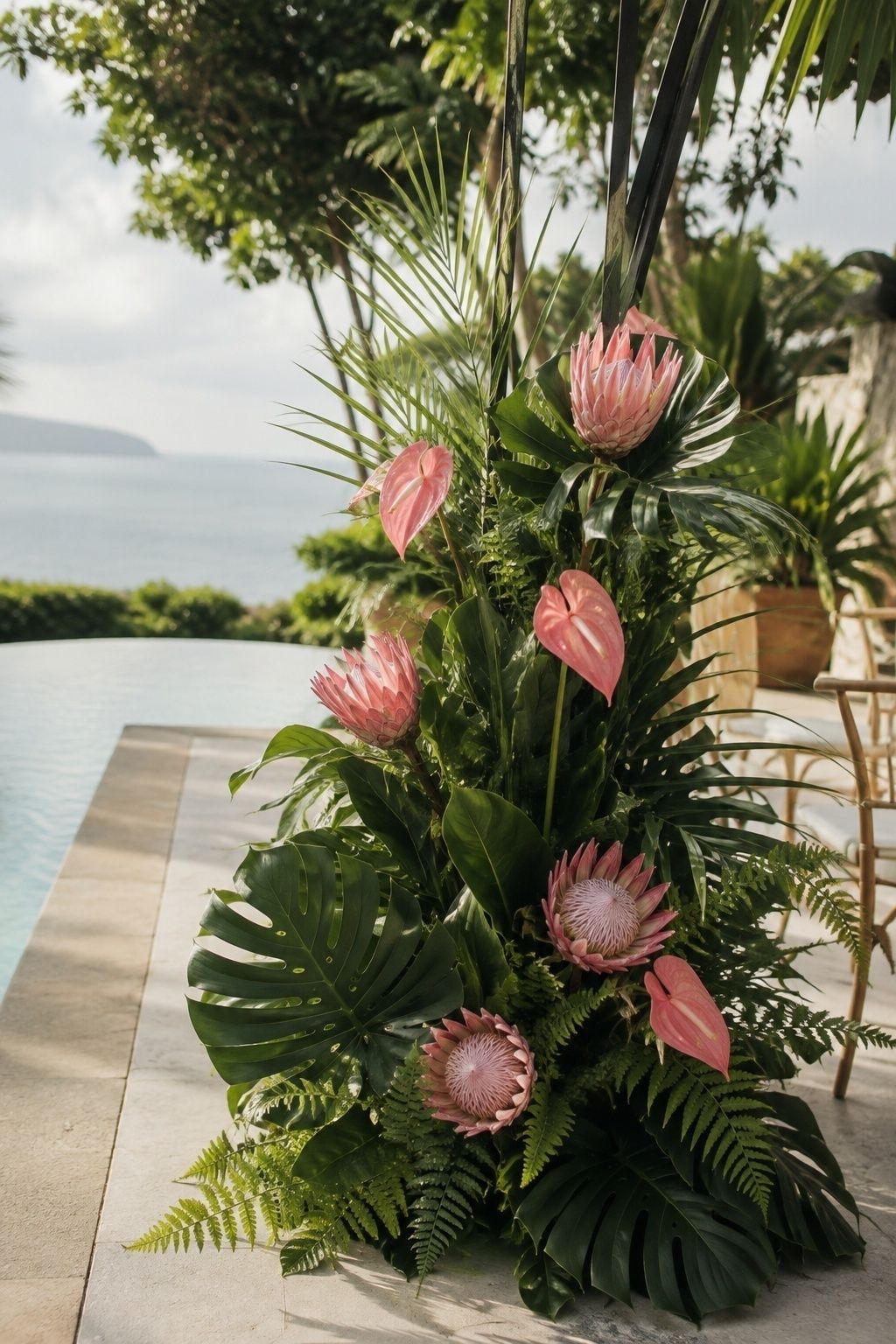 Protea and tropical leaves for outdoor heat