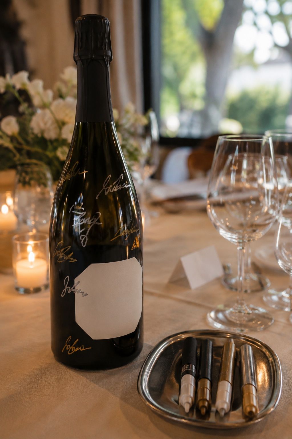 Signed bottle at a small dinner reception