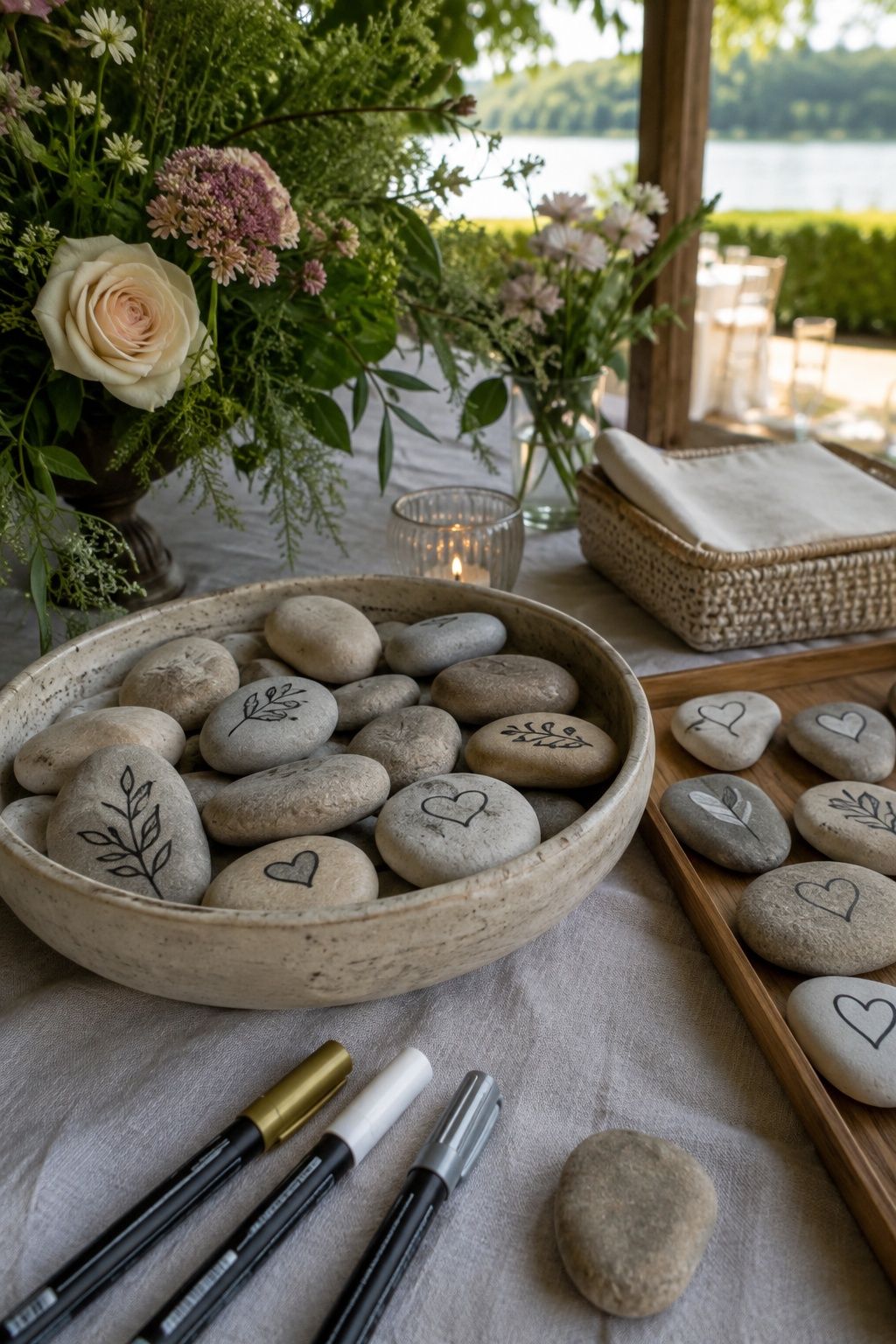 Bowl of wishing stones for an outdoor wedding