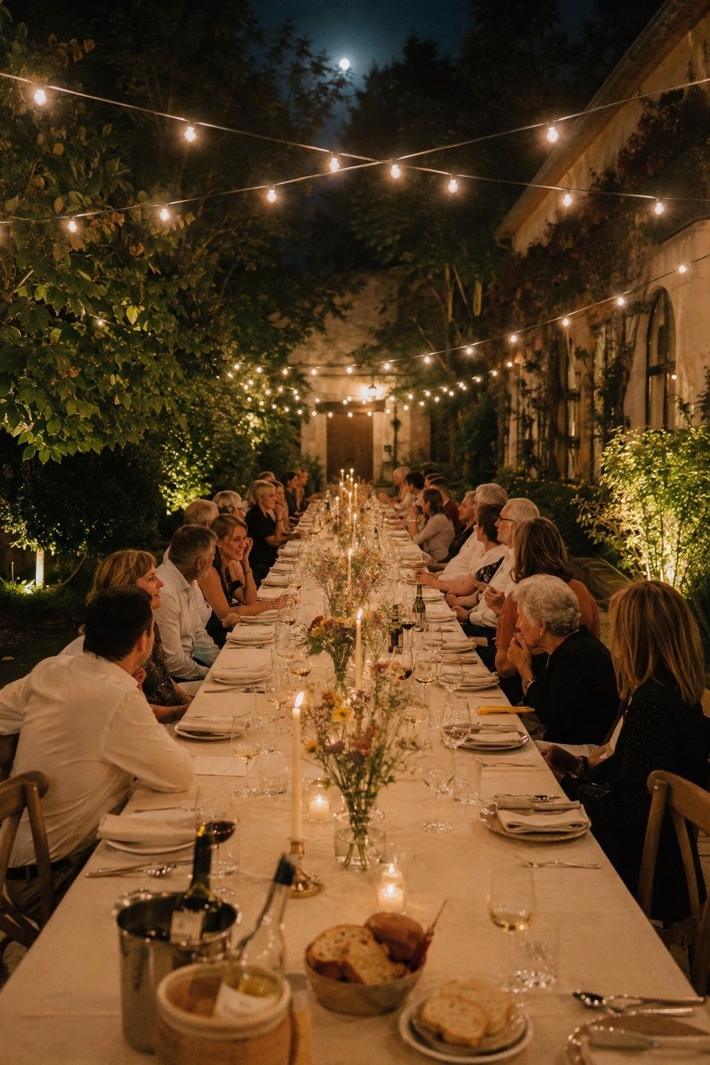 One-table dinner under string lights
