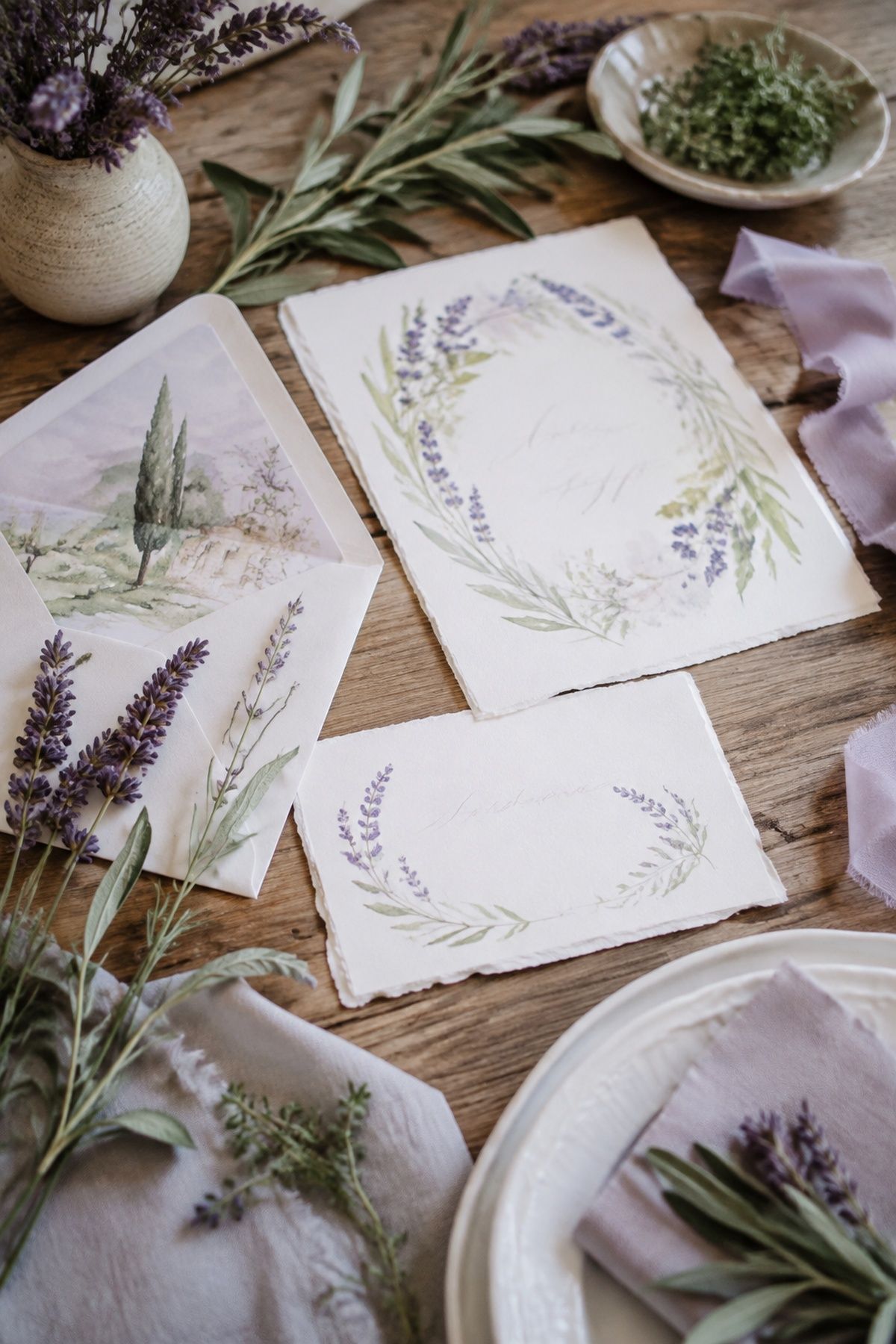 Watercolor botanical summer wedding invitation suite