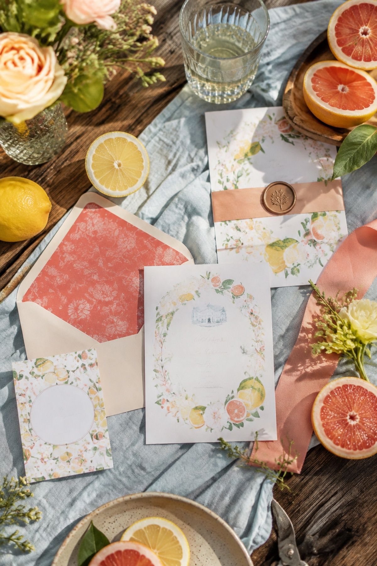 Citrus-colored wedding invitations