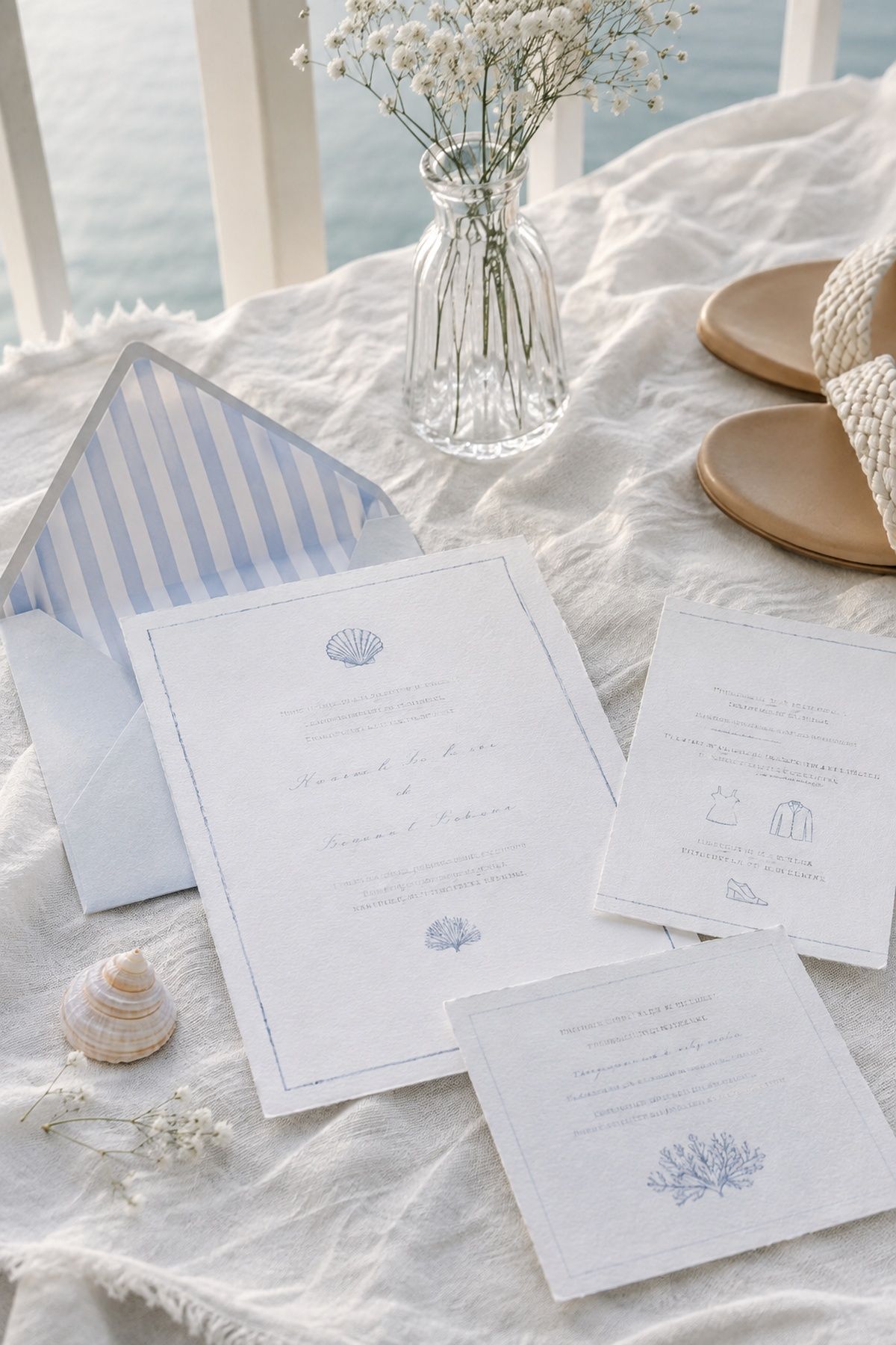 Coastal blue and white invitation suite