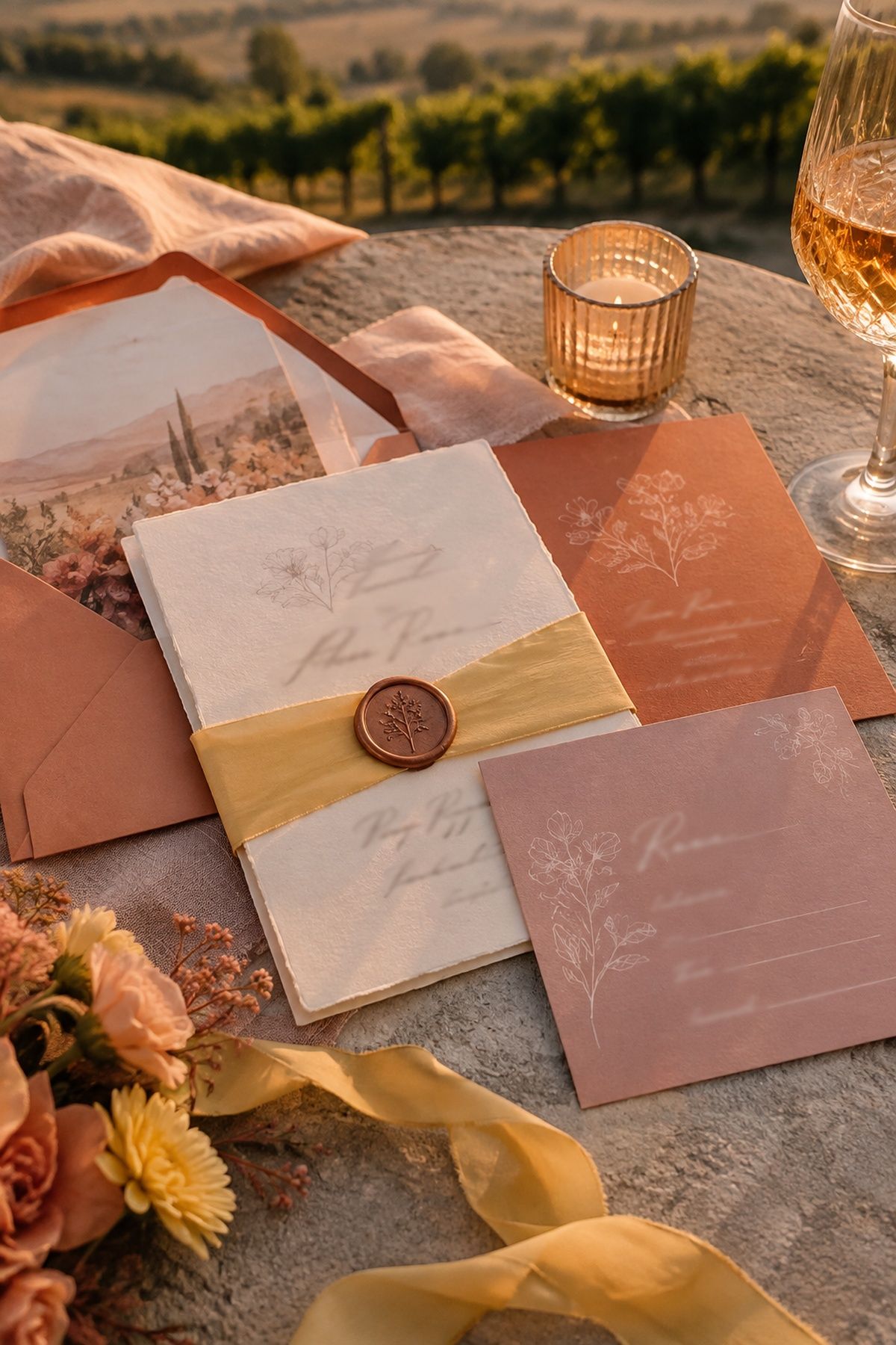 Sunset-toned wedding invitation suite