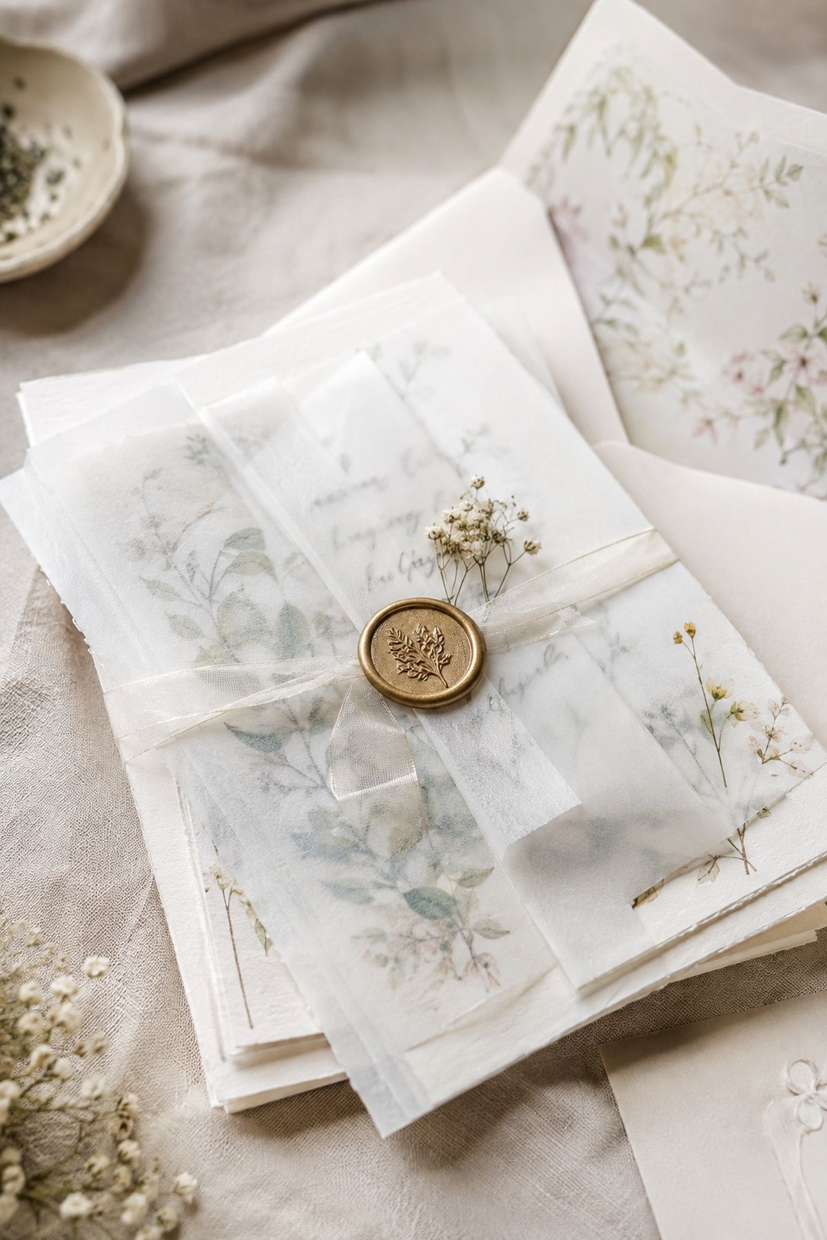 Invitations in light vellum wraps