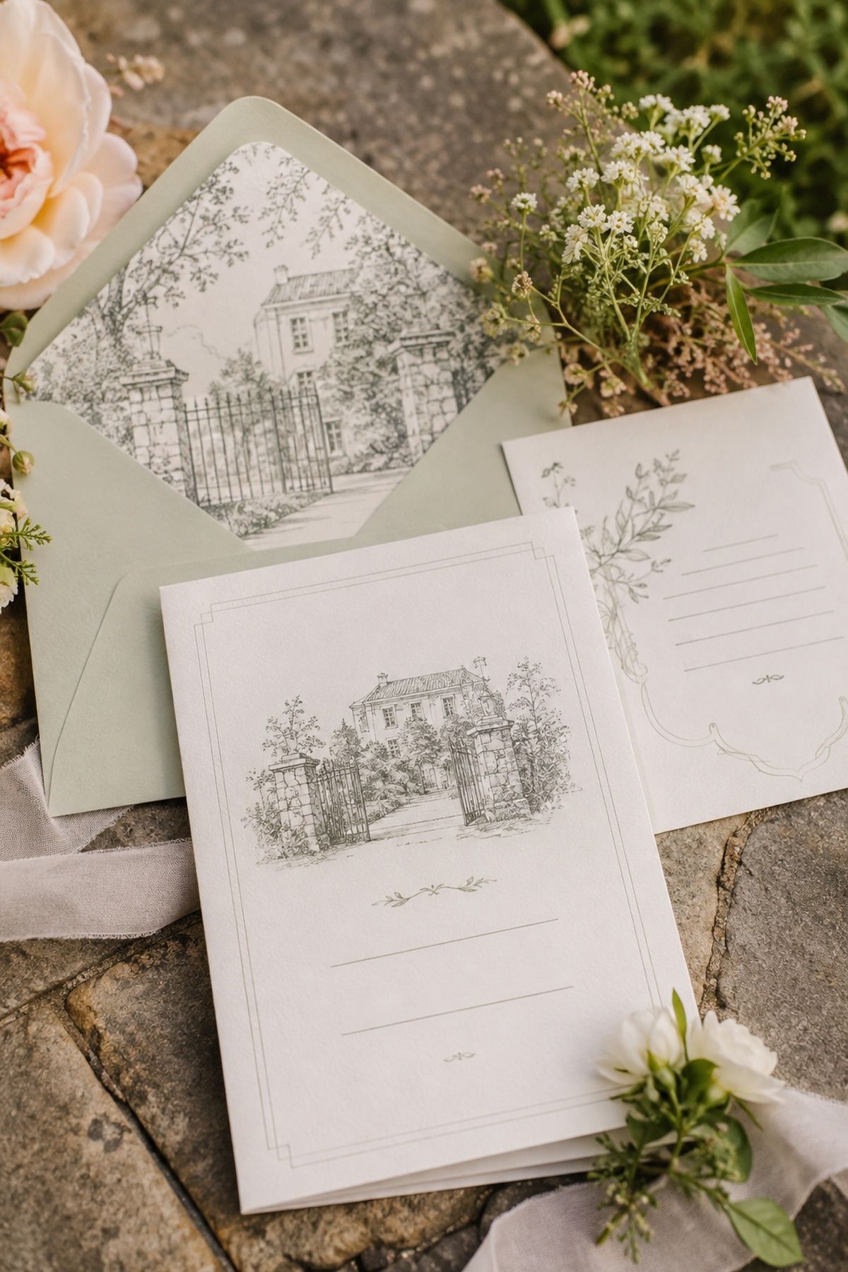 Wedding invitations with a custom venue illustration