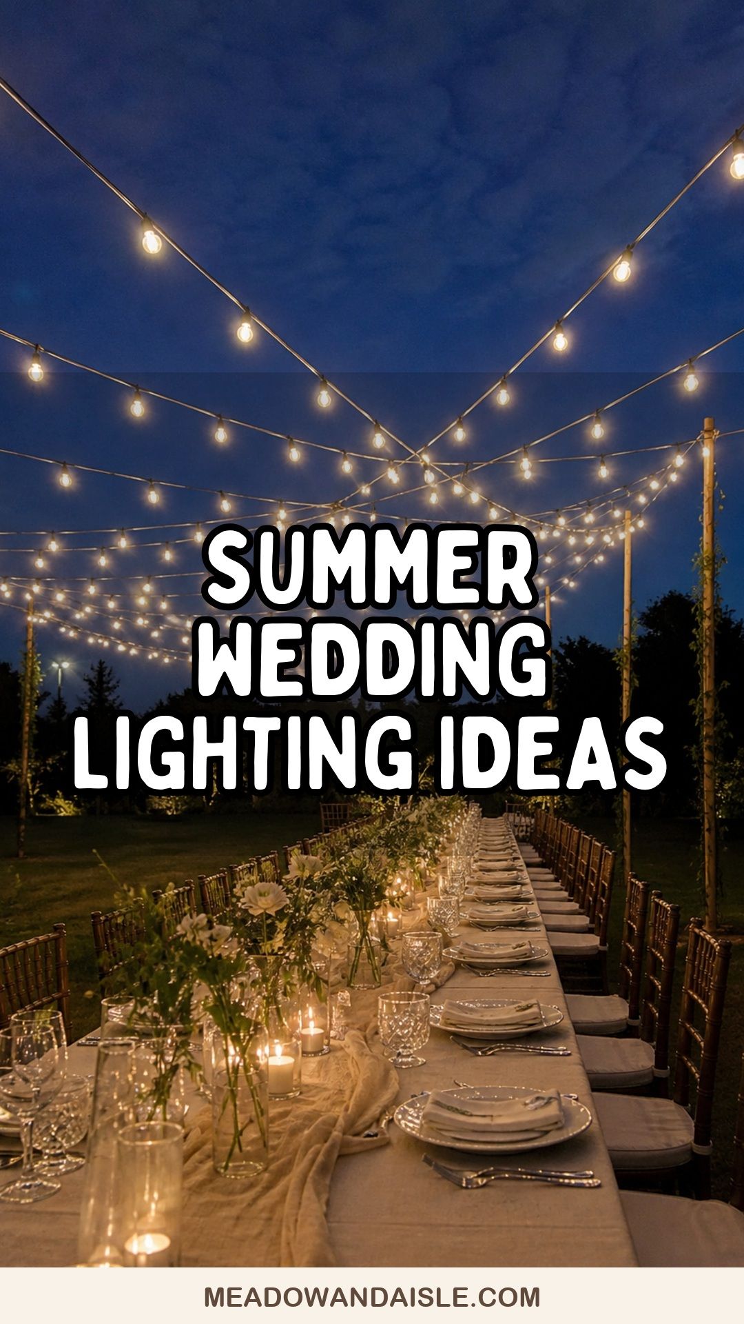 Pinterest pin for summer wedding lighting ideas with blue-hour reception lights