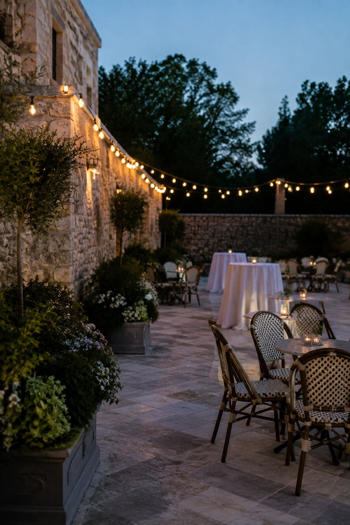 Cafe lights around a patio or courtyard