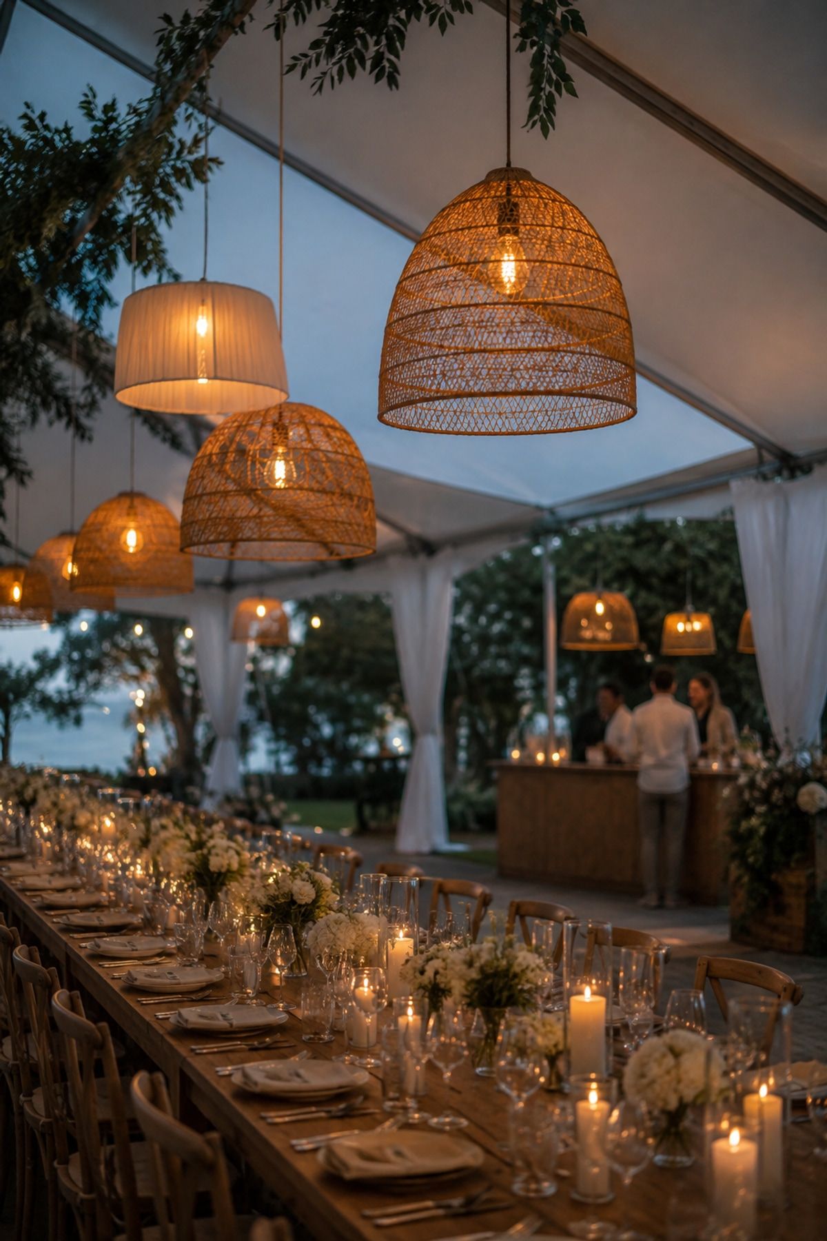 Pendant lights inside a wedding tent