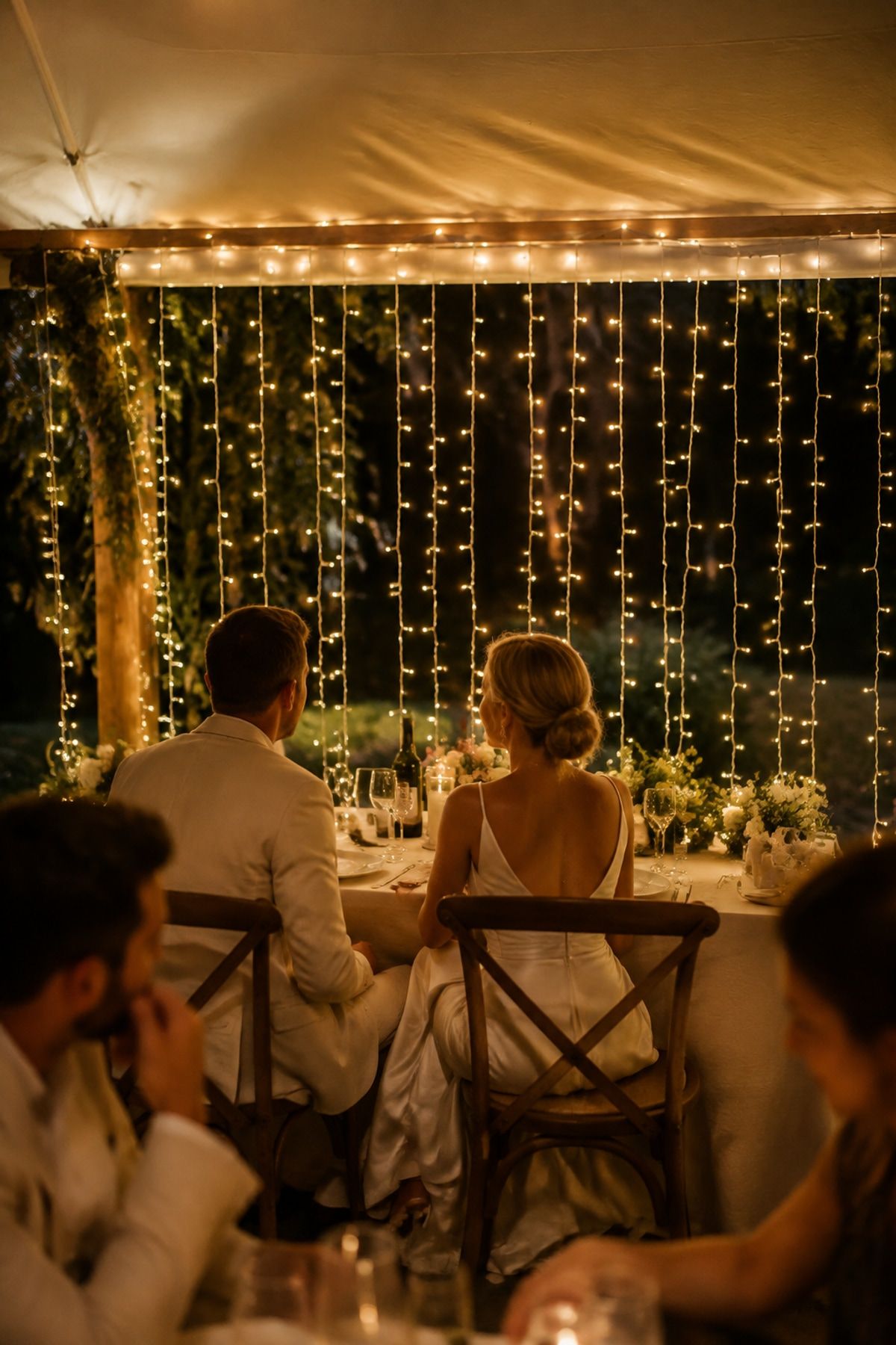 Fairy light curtain behind the couple's table