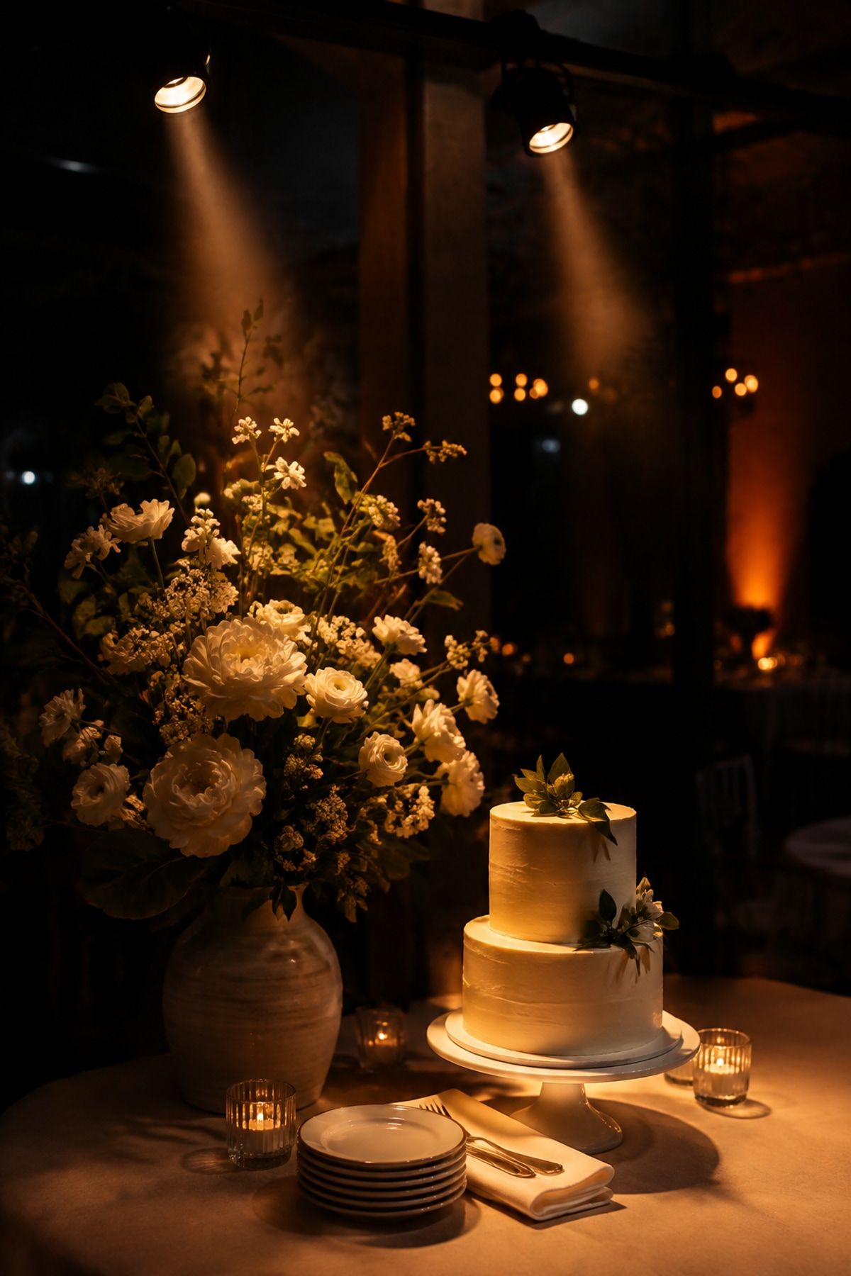 Pin spot lighting on flowers and cake