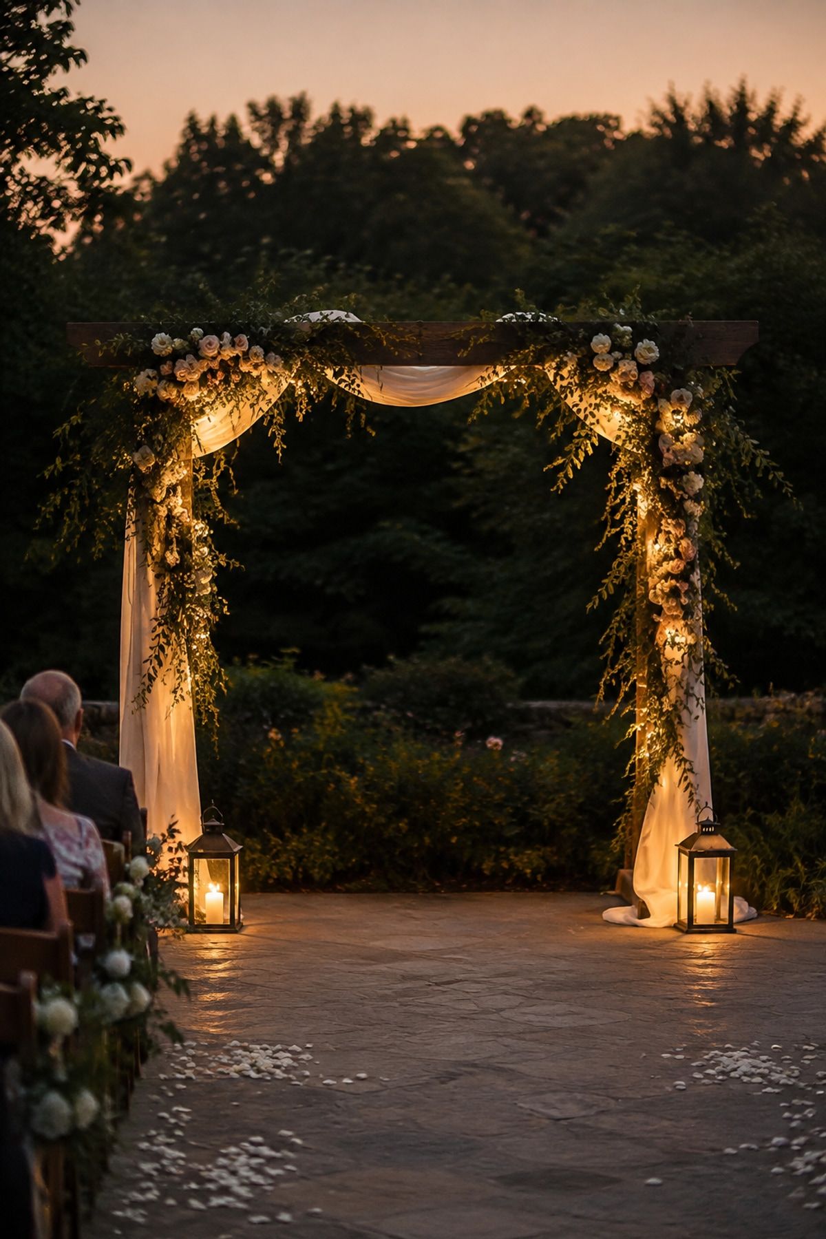 Ceremony arch lit for evening vows