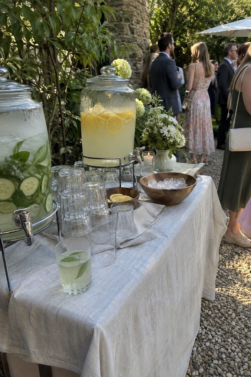 Shaded summer wedding welcome drink station with chilled cucumber water and lemonade