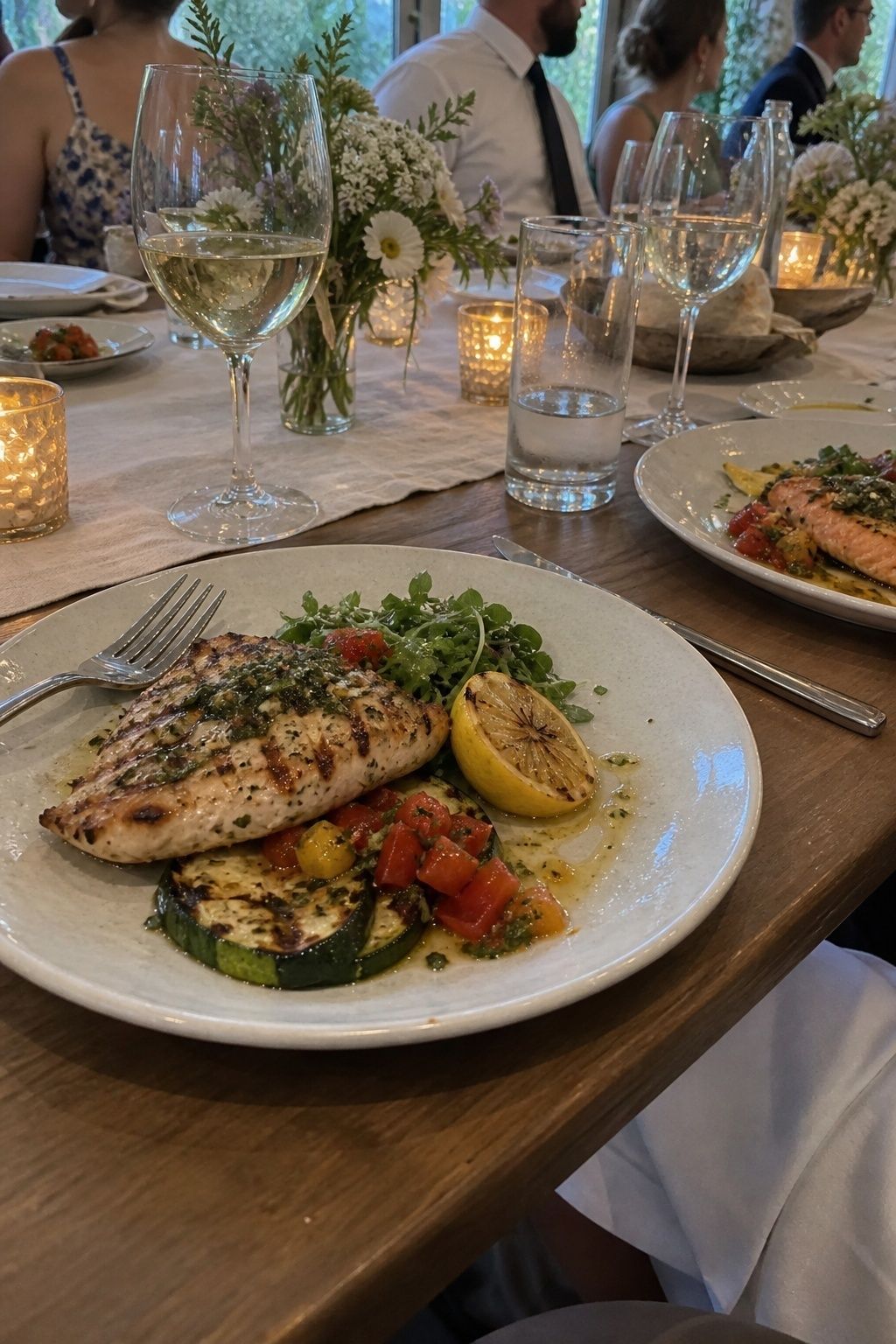 Herb grilled chicken and salmon plates with citrus at an intimate summer reception