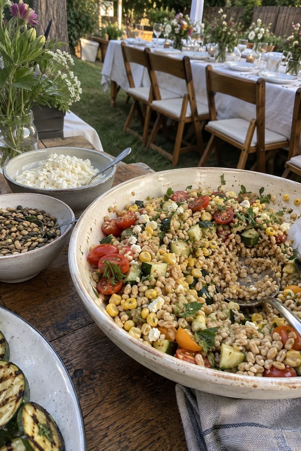 Seasonal farro salad with summer vegetables on a backyard wedding buffet