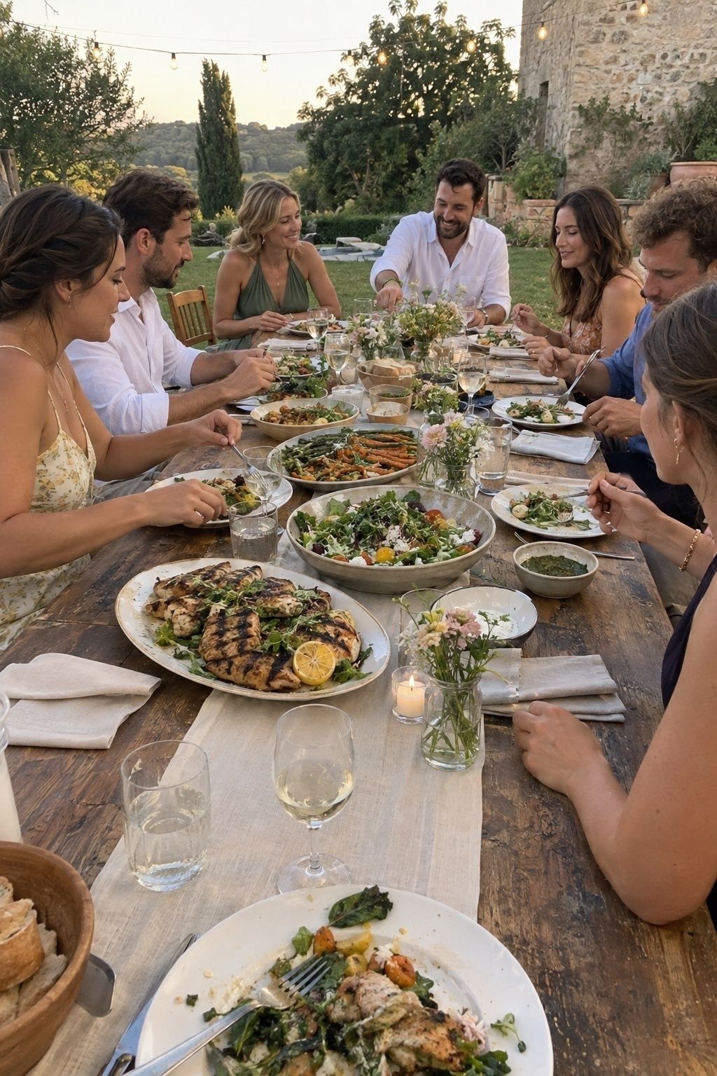 Small wedding guests sharing family style platters at a farmhouse table