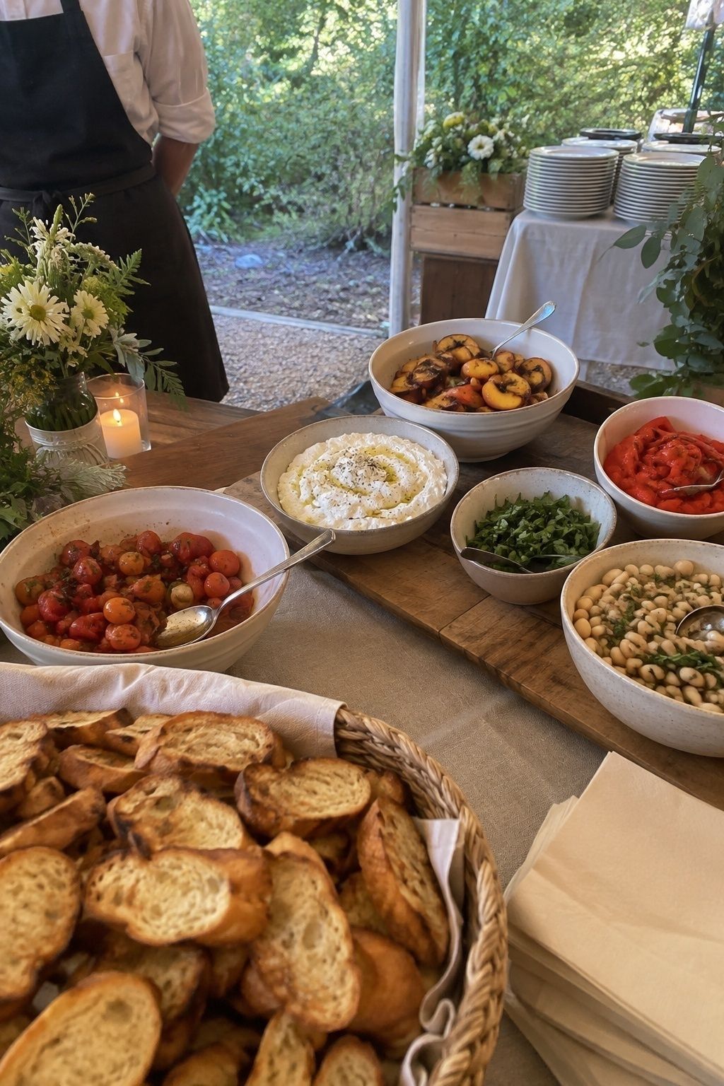 Compact build your own crostini station at an intimate summer wedding