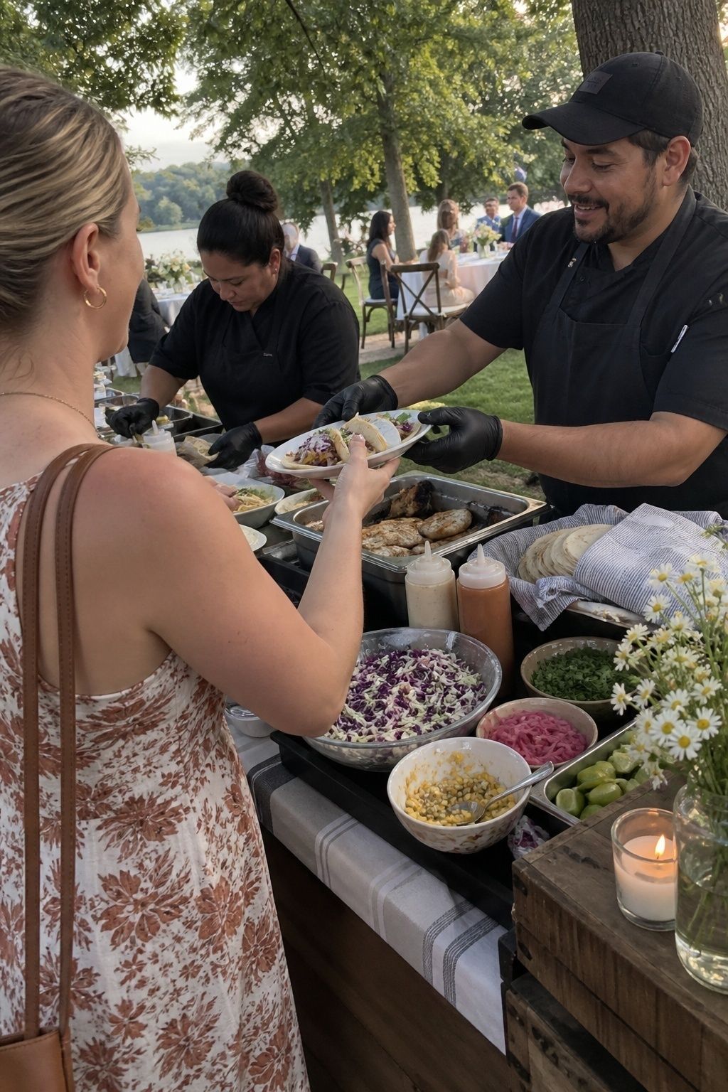 Staffed grilled fish taco station with fresh toppings at a small summer wedding