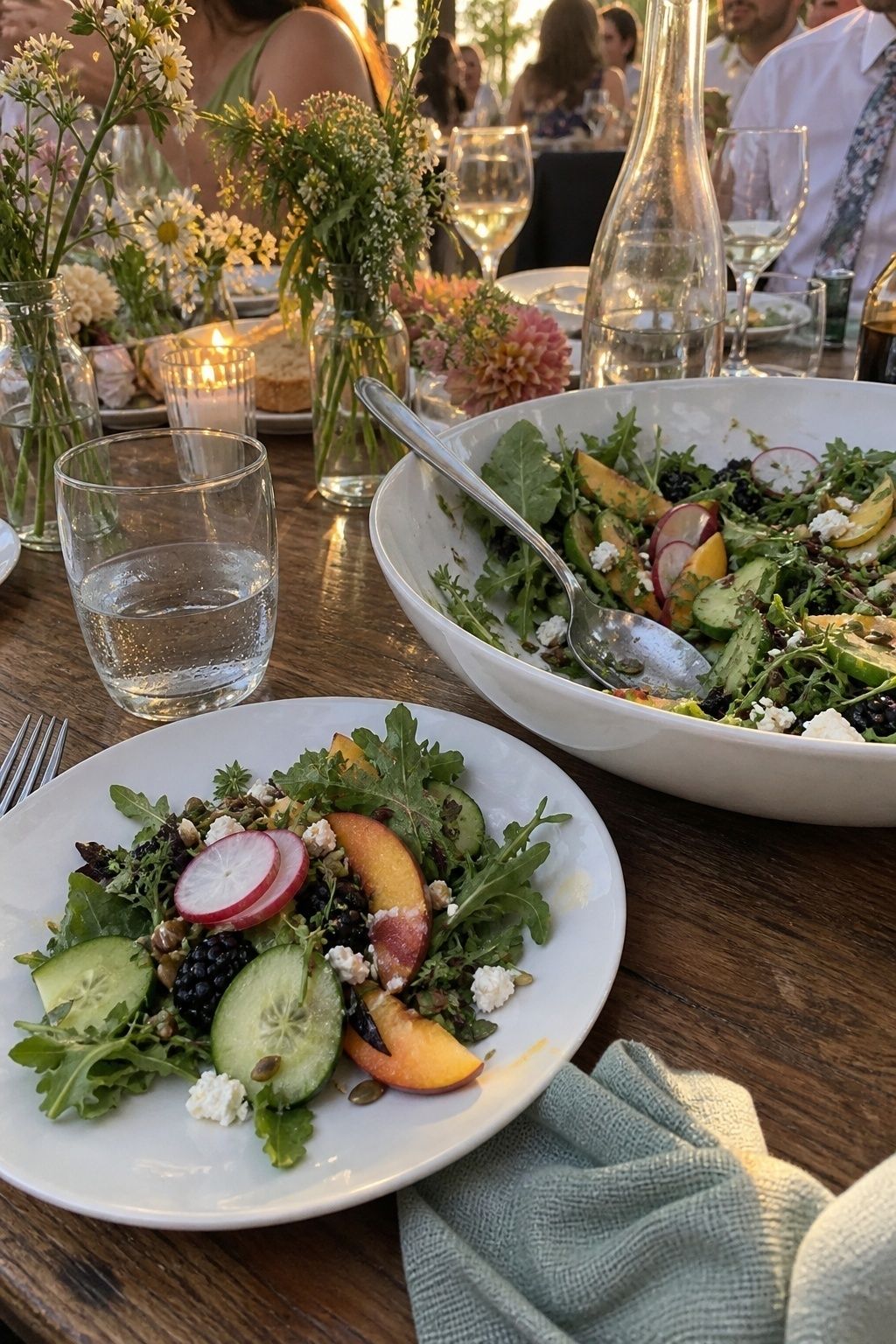 Fresh summer wedding salad with stone fruit cucumber berries radish herbs and feta