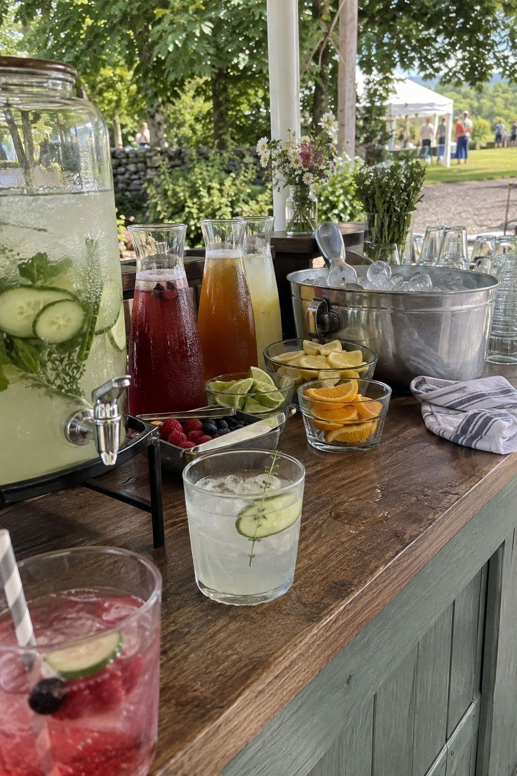 Hydrating nonalcoholic spritzes iced tea lemonade and cold water at a summer wedding bar