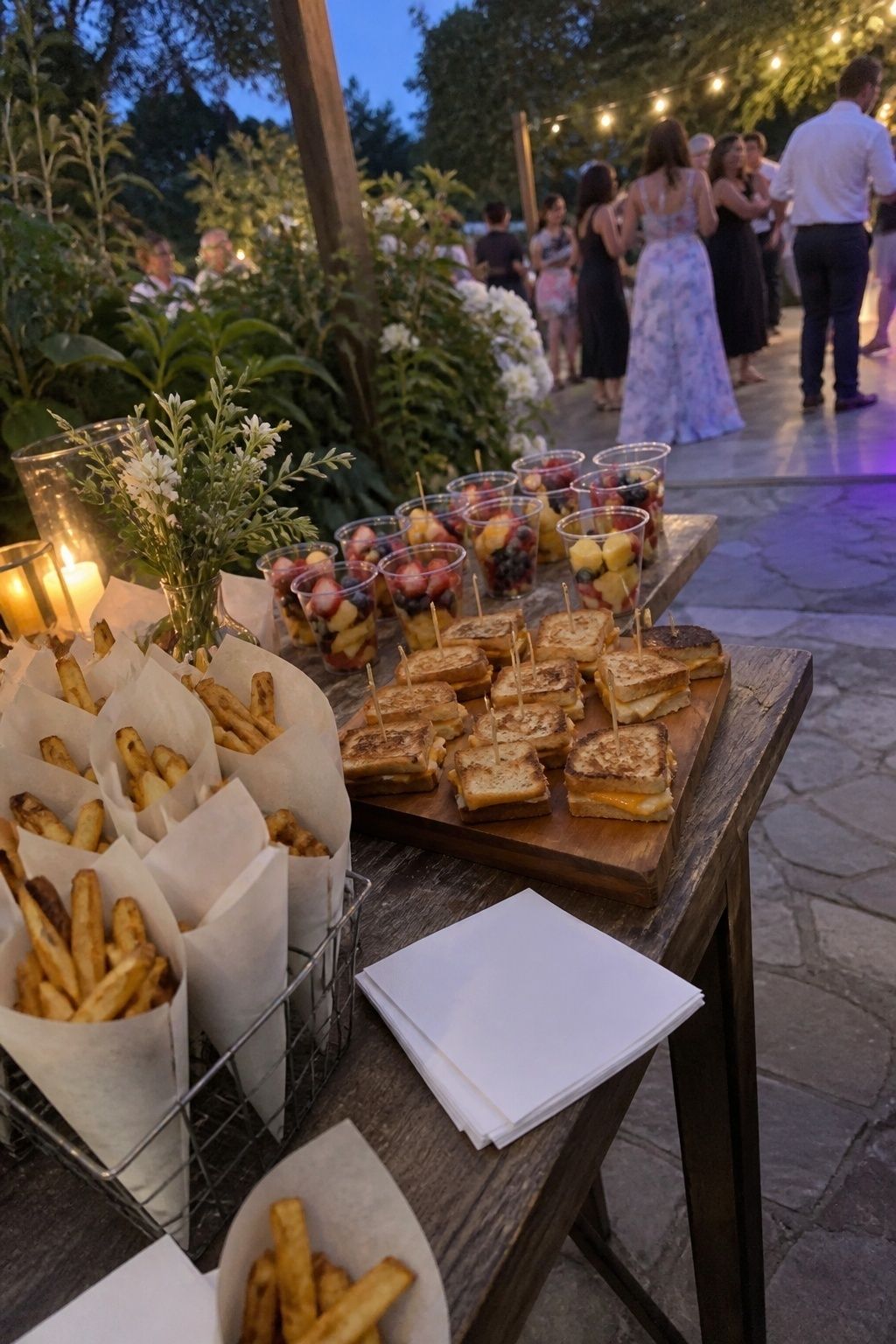Easy late night fries grilled cheese bites and fruit cups at a summer wedding