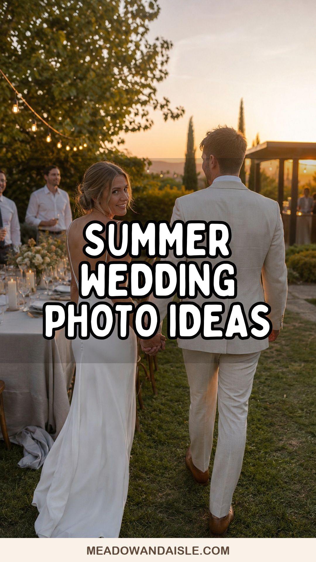 Summer wedding photo ideas Pinterest pin with a golden hour wedding photo and Meadow and Aisle brand bar