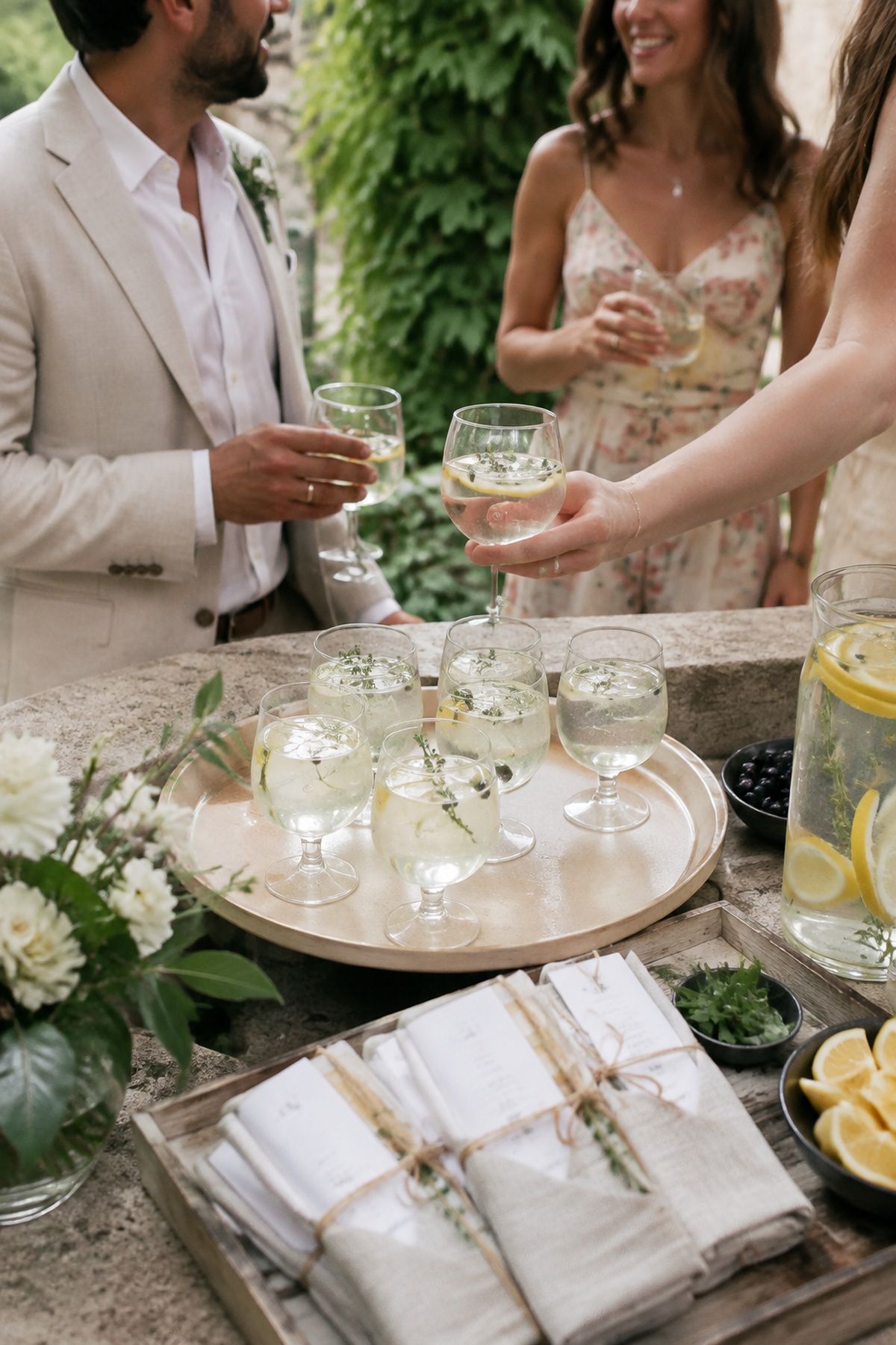 Summer wedding menu and drinks moment with citrus water, pale spritzes, herbs, and shaded guest service