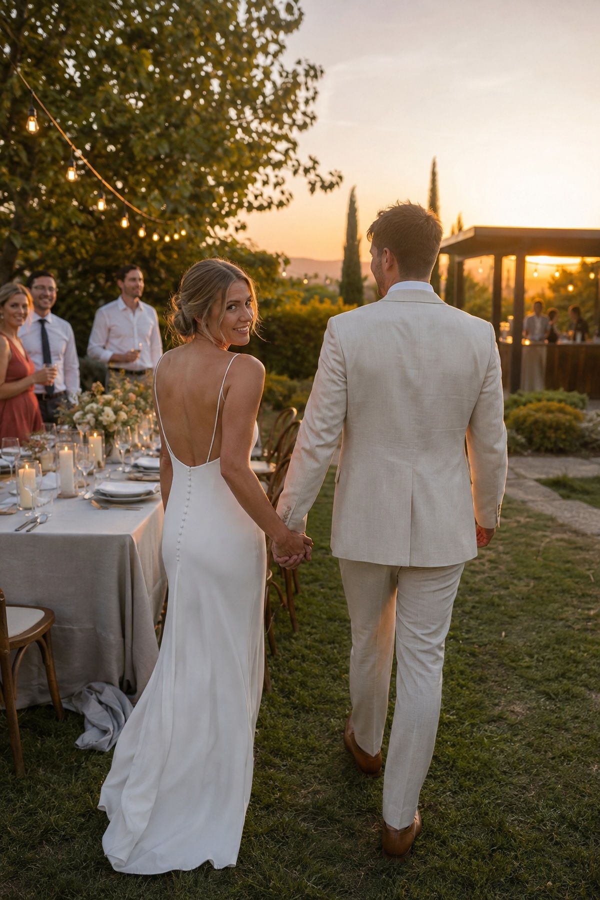 Summer wedding sunset photos with newlyweds walking back toward dinner and guests under warm evening light