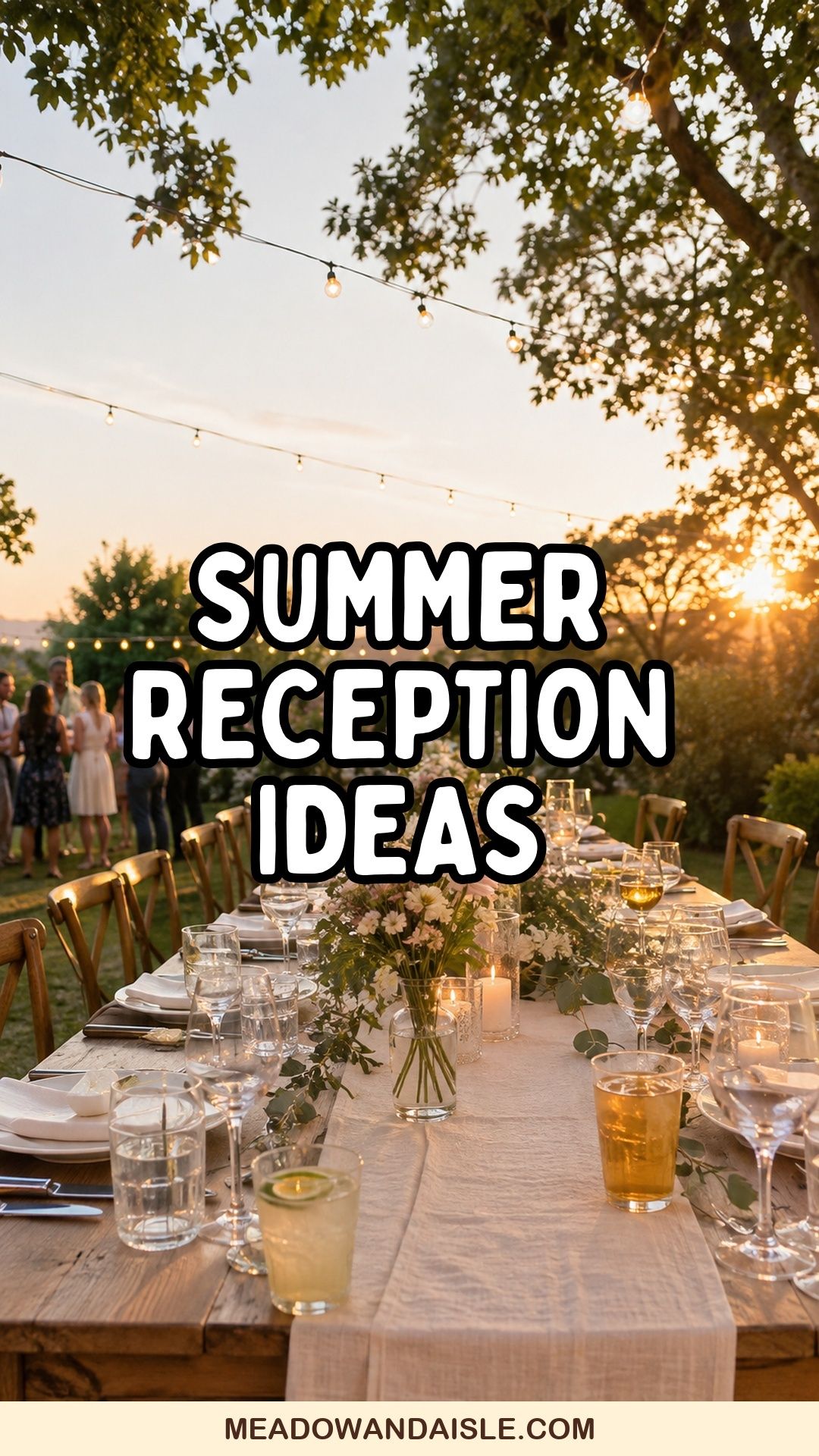 Summer wedding reception ideas Pinterest pin with a long outdoor dinner table and warm string lights
